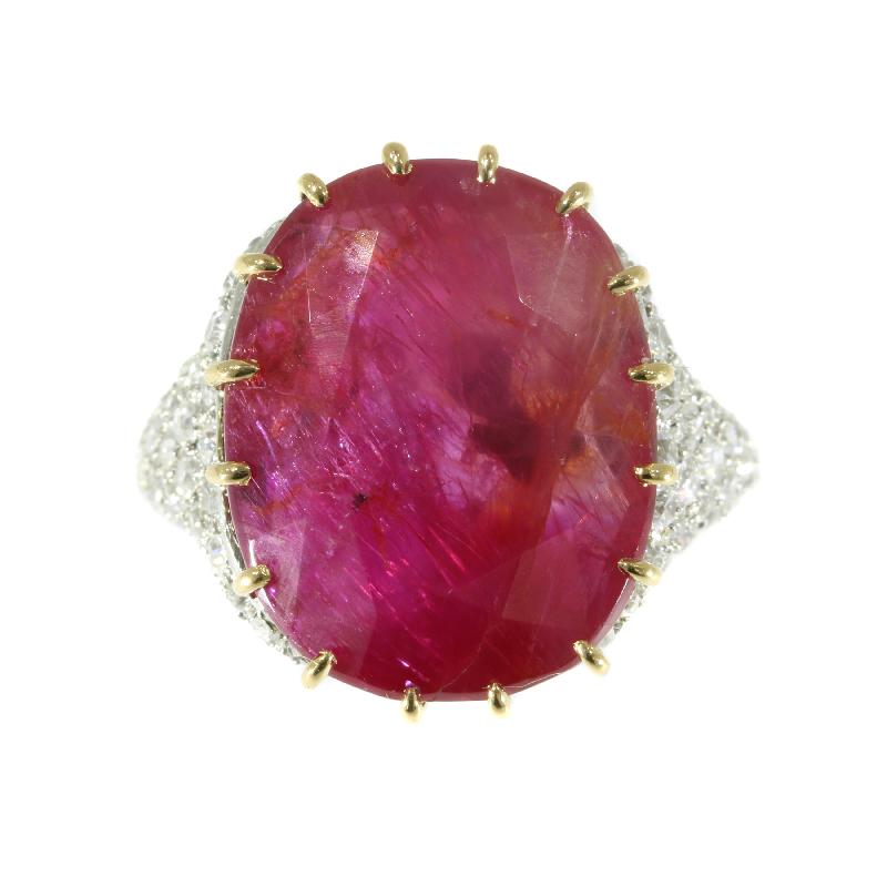 Certified 13.52 Carat Natural Untreated Ruby and Diamond Platinum Ring In Good Condition For Sale In Antwerp, BE
