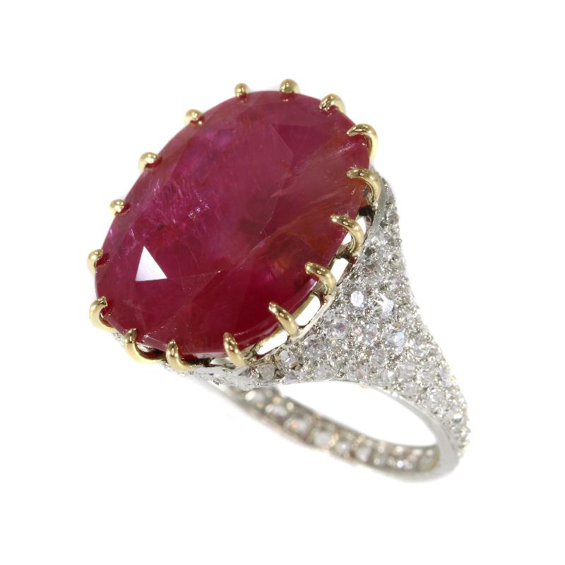 Women's Certified 13.52 Carat Natural Untreated Ruby and Diamond Platinum Ring For Sale