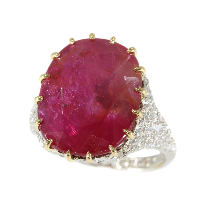 Art Deco Certified 13.52 Carat Natural Untreated Ruby and Diamond Platinum Ring For Sale