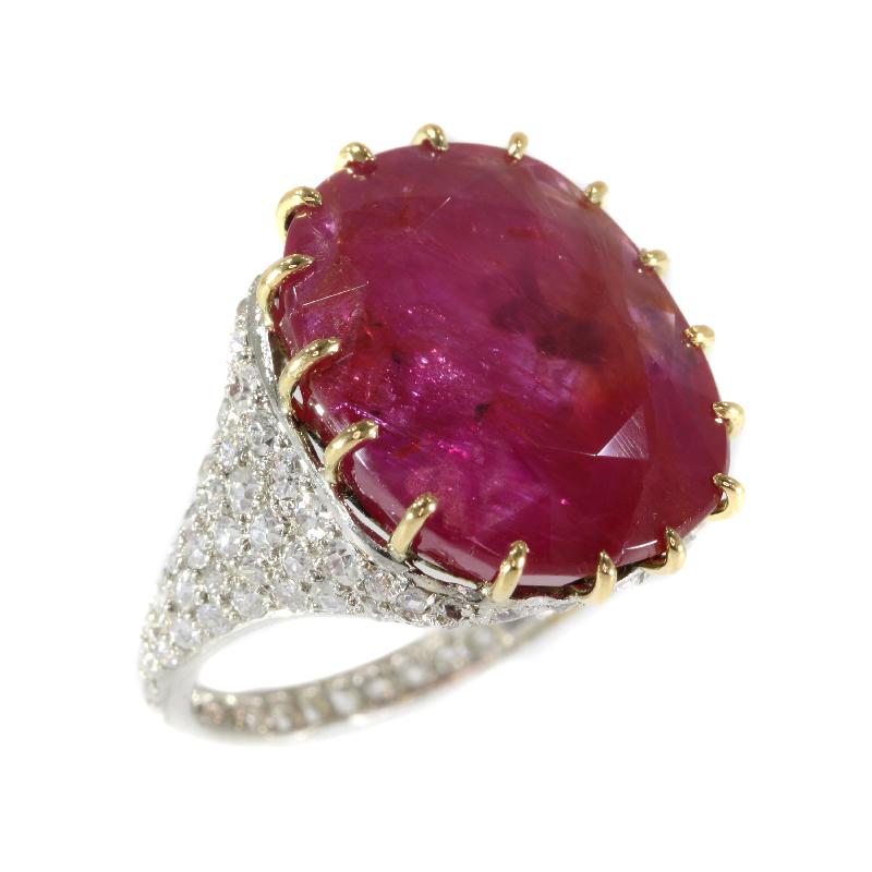 Certified 13.52 Carat Natural Untreated Ruby and Diamond Platinum Ring For Sale 7