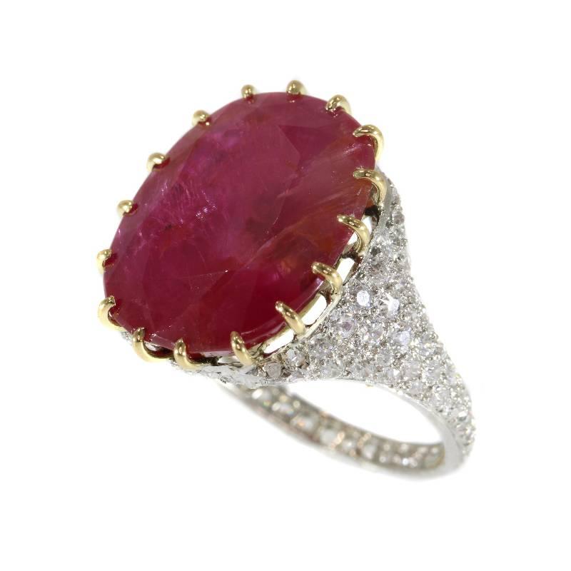 Certified 13.52 Carat Natural Untreated Ruby and Diamond Platinum Ring For Sale