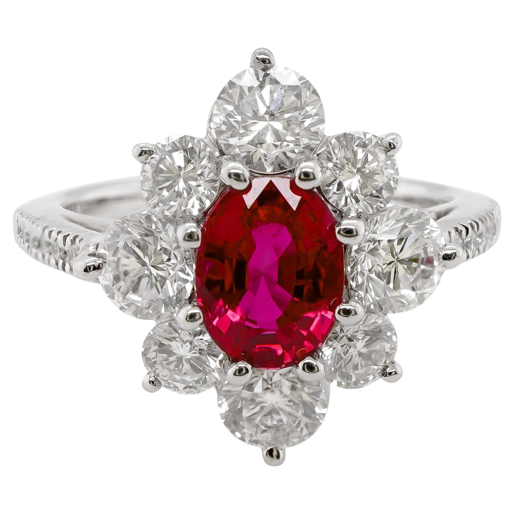 Certified 1.38 Carat Electric Red Ruby 1.76 Carat White Diamond Solitaire Ring
