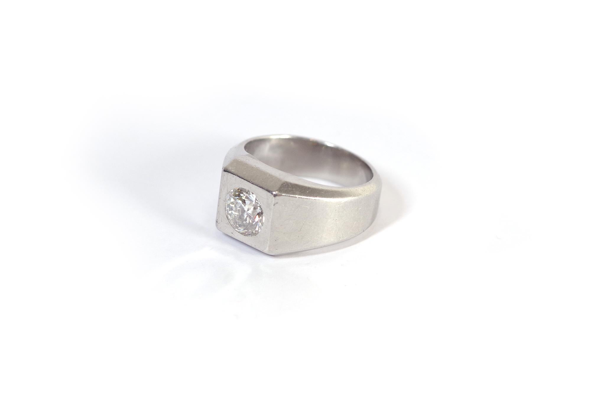 Anillo de sello de diamantes en platino Art Déco certificado de 1,39 quilates Talla antigua en venta