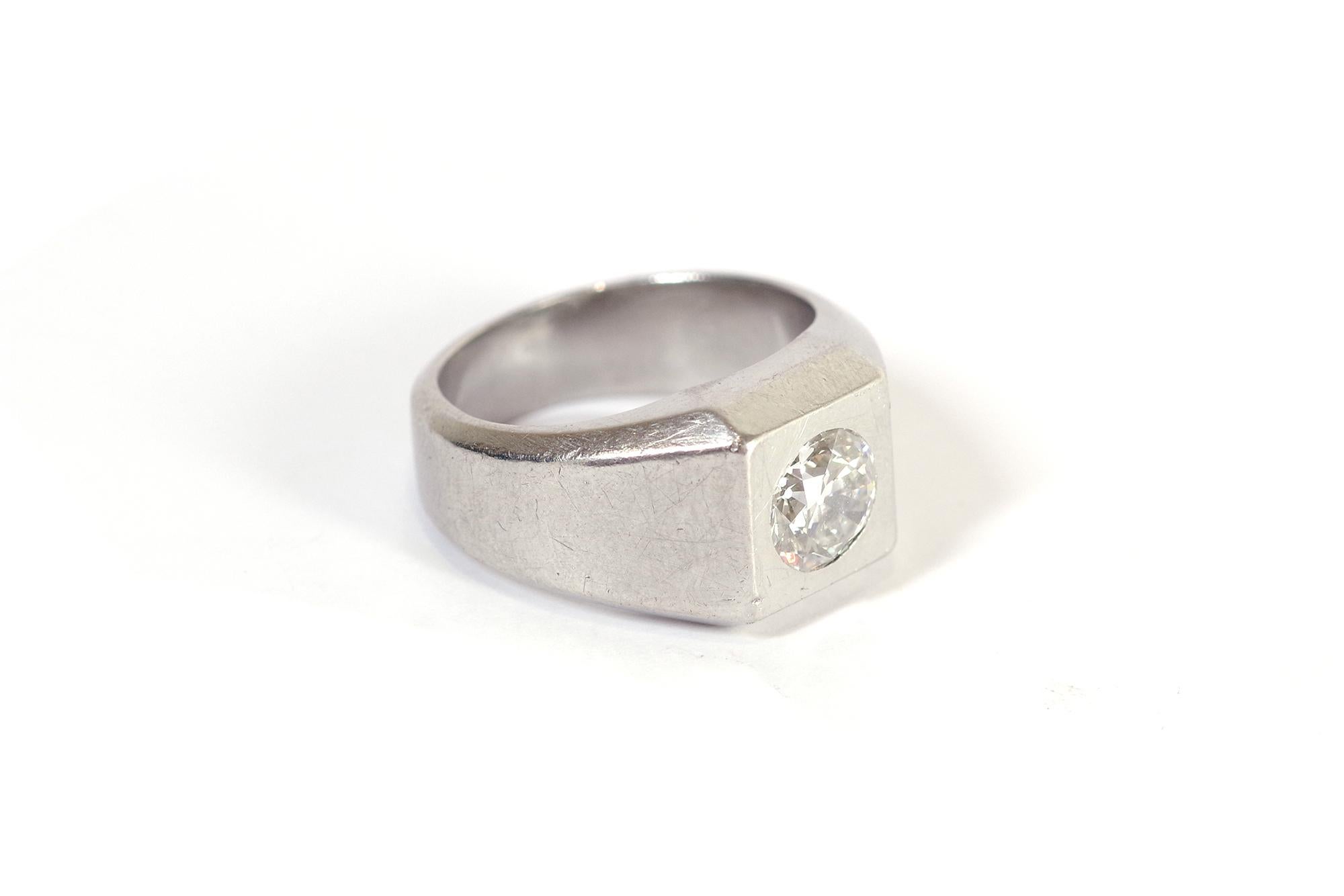 Anillo de sello de diamantes en platino Art Déco certificado de 1,39 quilates en Bueno estado para la venta en PARIS, FR