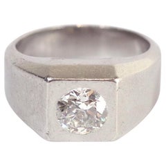 Bague sigillaire Art déco en platine et diamant certifié 1,39 carat