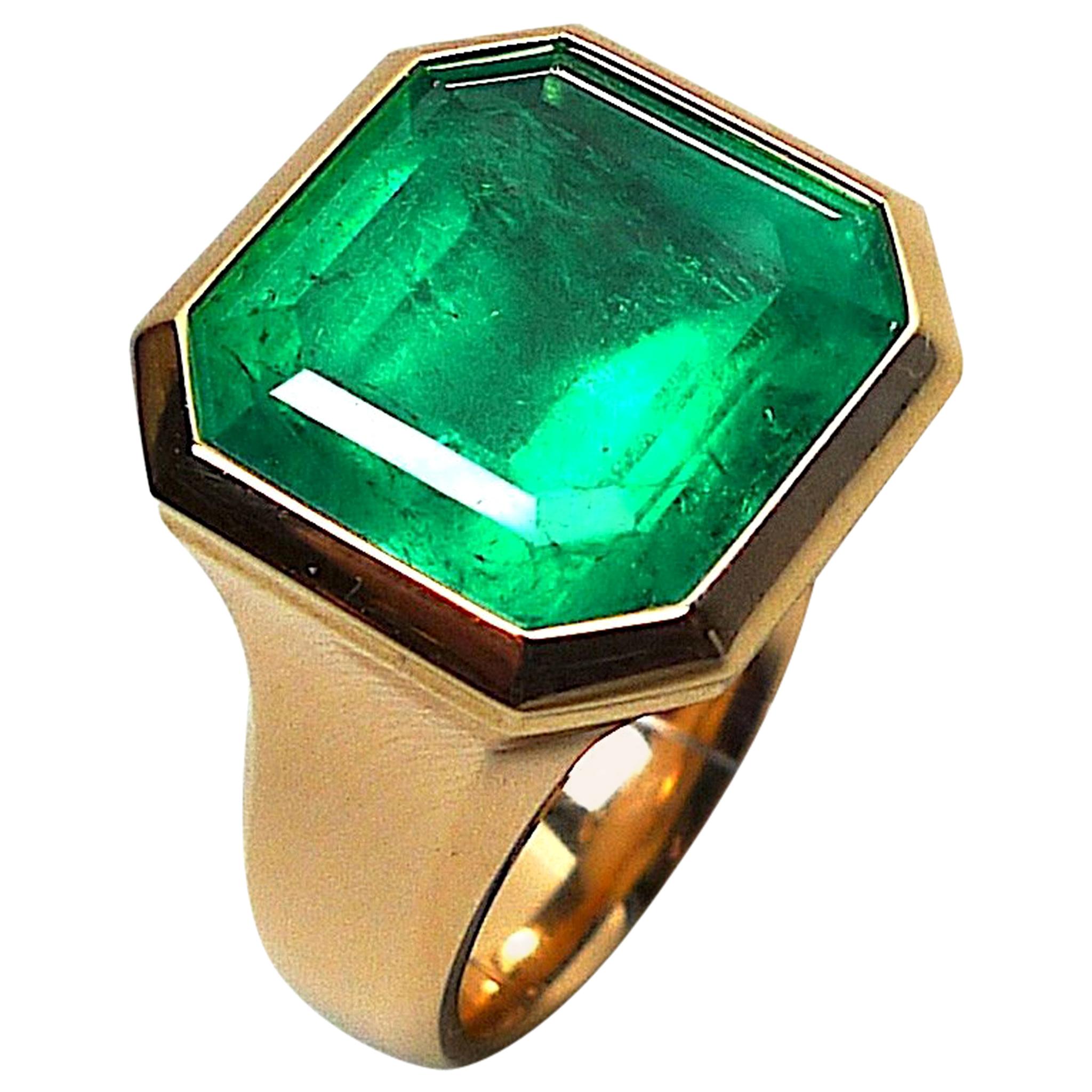 Certified 13.97 Carat Natural Colombian Emerald Rose Gold Ring