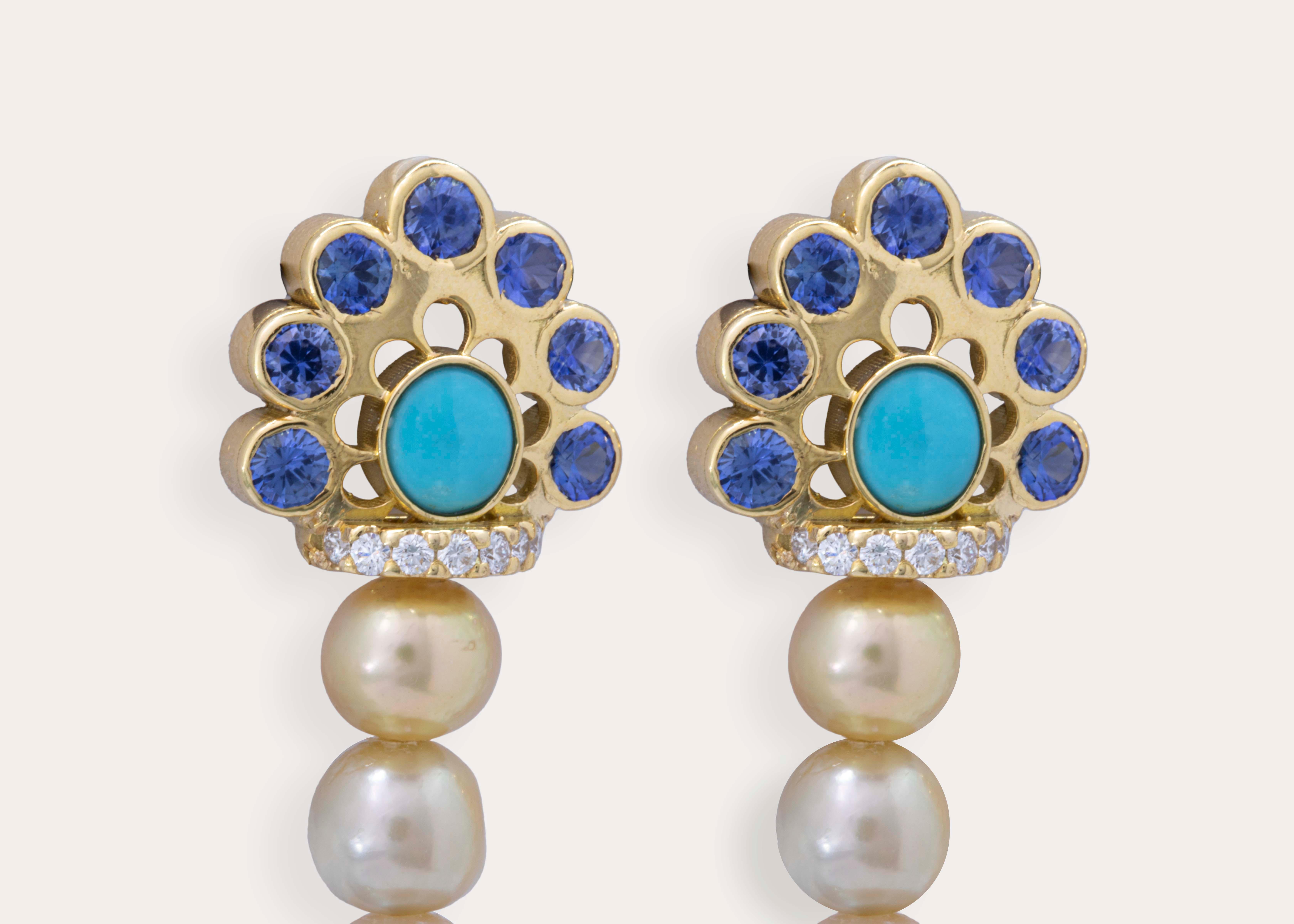 Mixed Cut Certified 14 Ct. Natural Pearls 18k Earrings w/ Rubies, Turquoise & Sapphires For Sale
