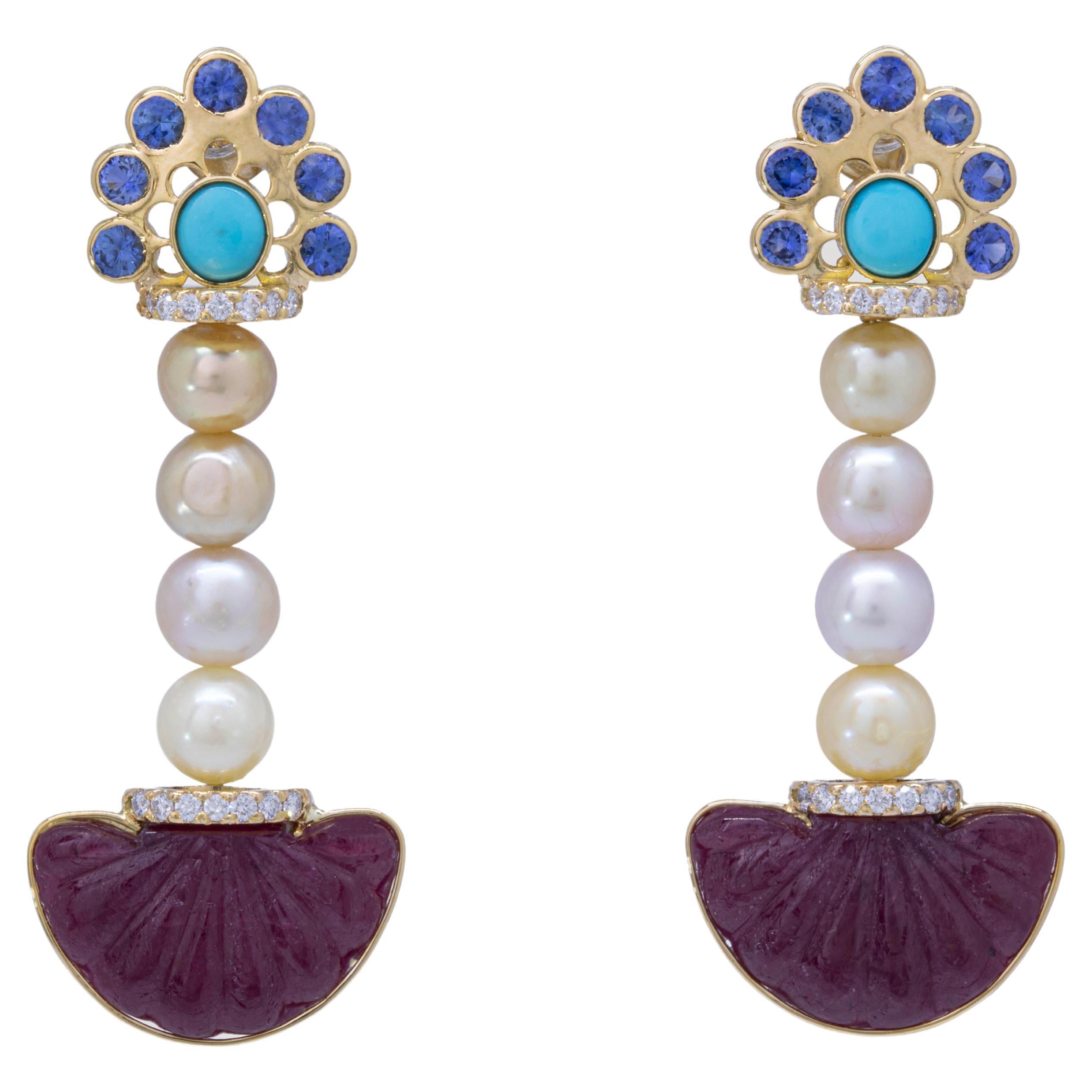 Certified 14 Ct. Natural Pearls 18k Earrings w/ Rubies, Turquoise & Sapphires For Sale