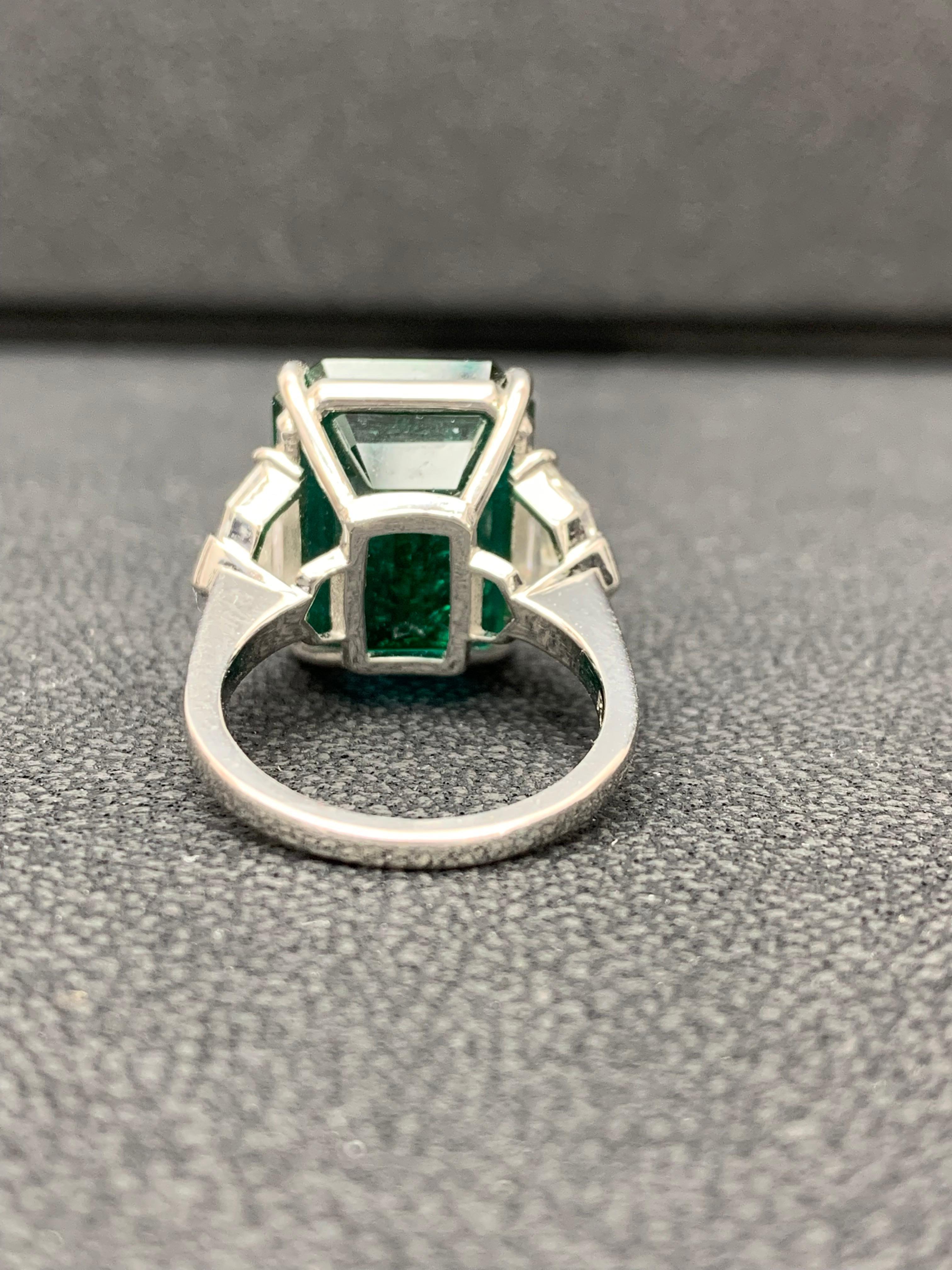 Certified 14.01 Carat Emerald cut Emerald and Diamond 3 Stone Engagement Ring 9