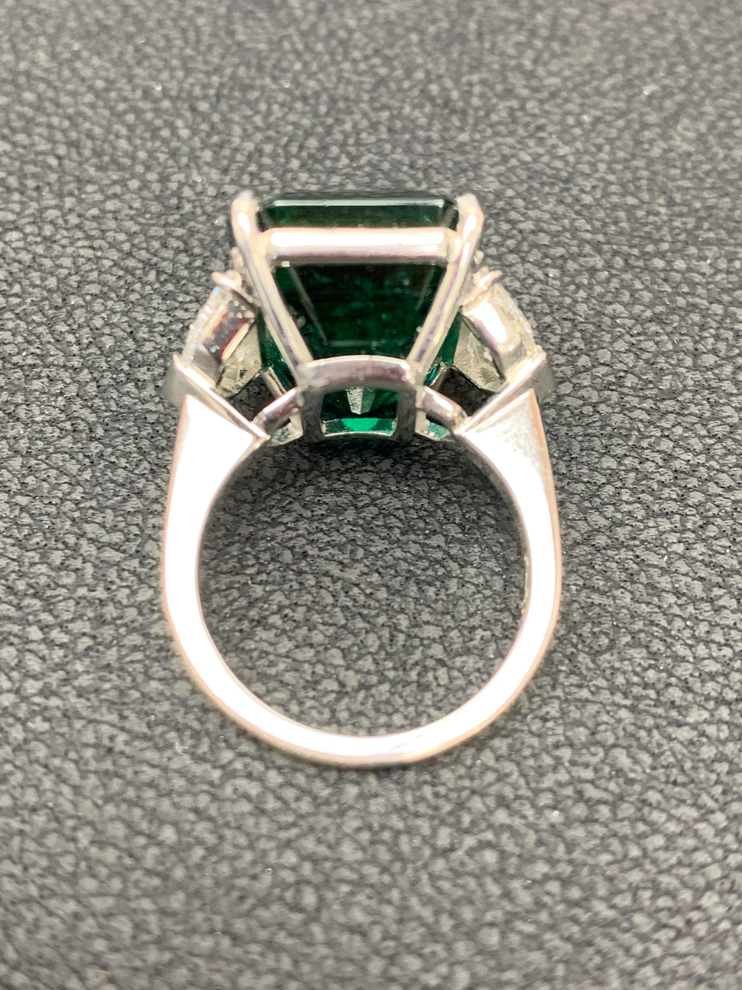 Certified 14.01 Carat Emerald cut Emerald and Diamond 3 Stone Engagement Ring 10