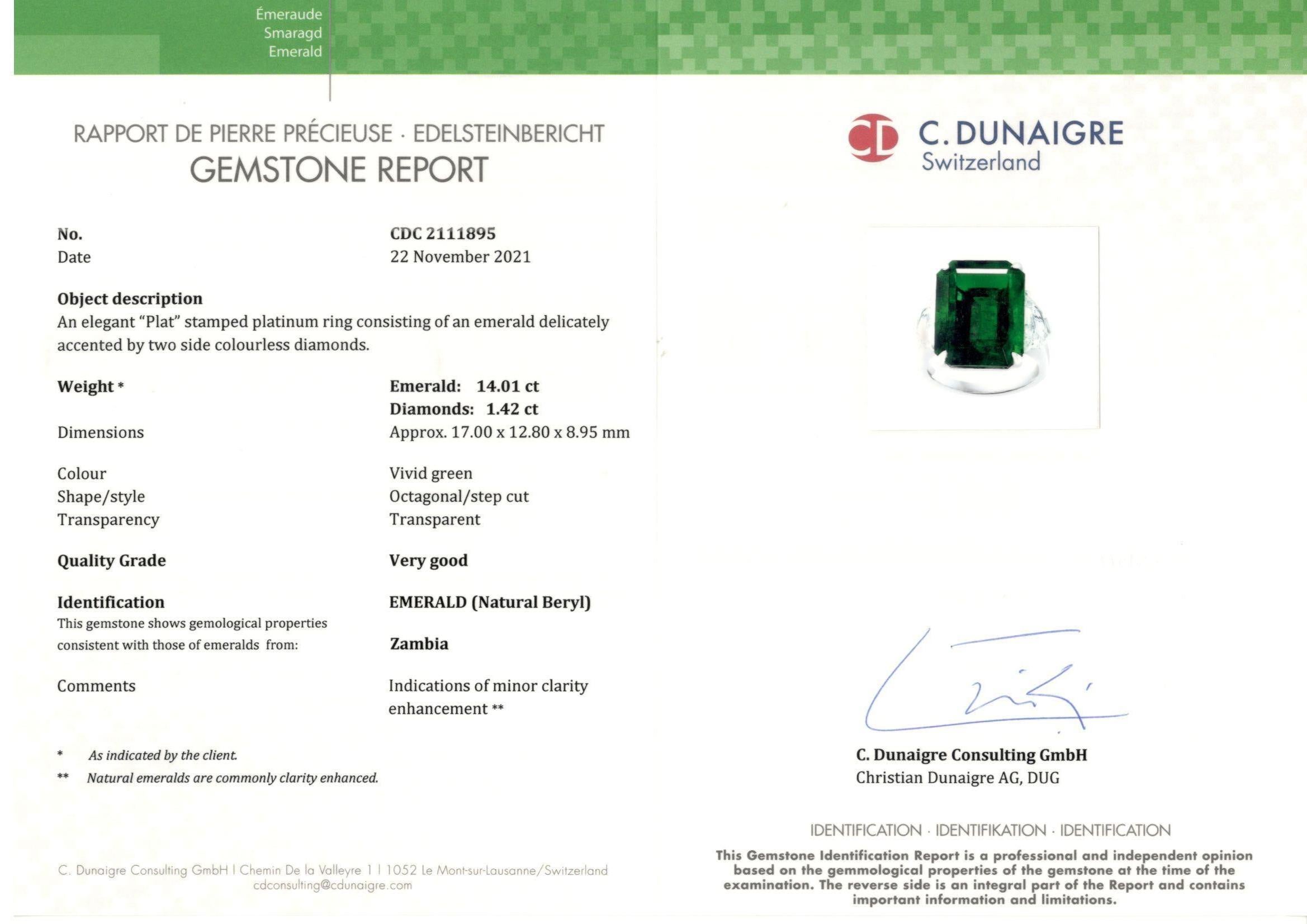 Showcasing a color-rich 14.01-carat emerald cut Emerald certified. Flanking the center stone two brilliant chevrons diamonds weighing 1.42 carats total. Made in platinum.

Style available in different price ranges. Prices are based on your selection