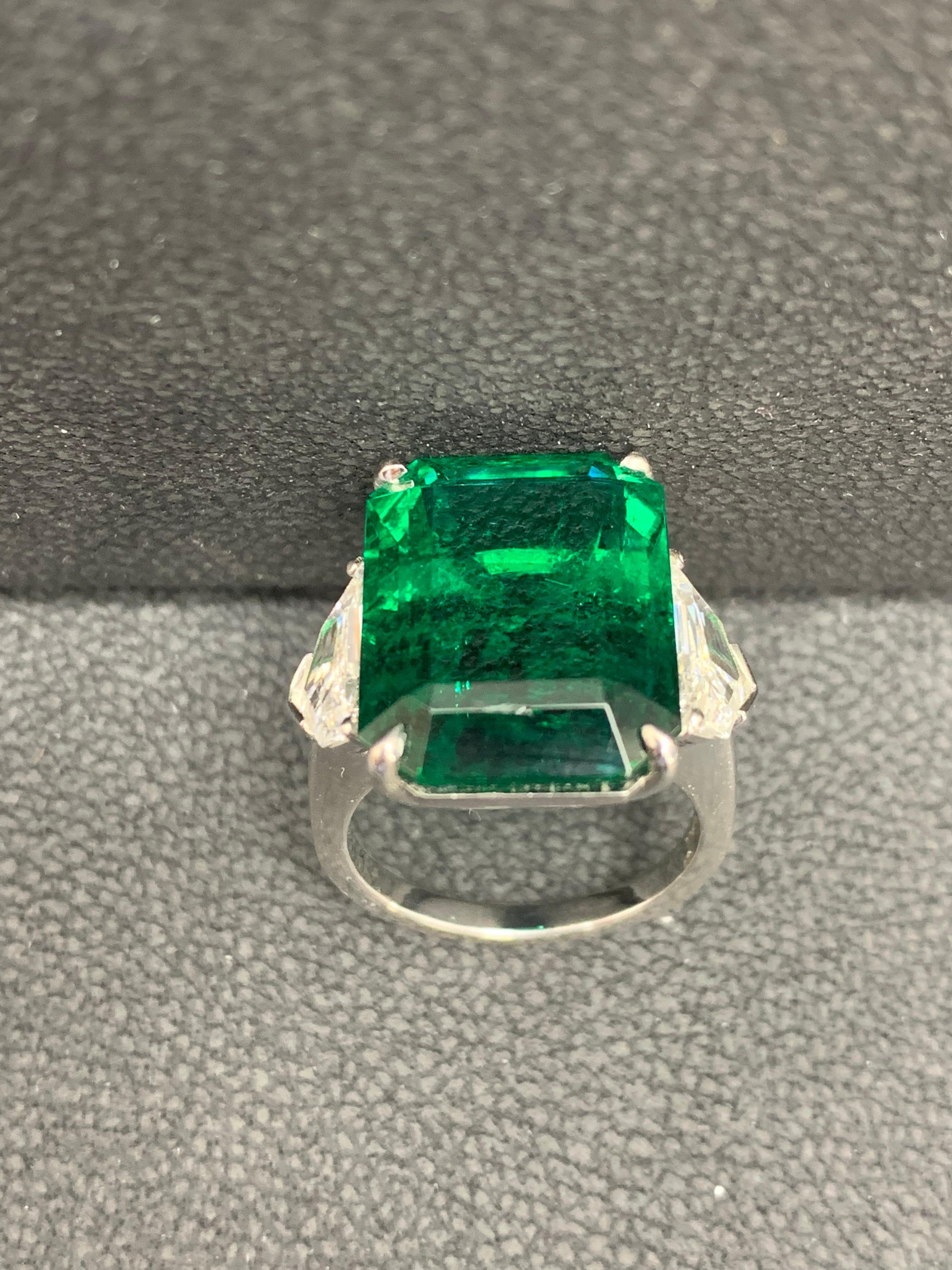 Certified 14.01 Carat Emerald cut Emerald and Diamond 3 Stone Engagement Ring 11