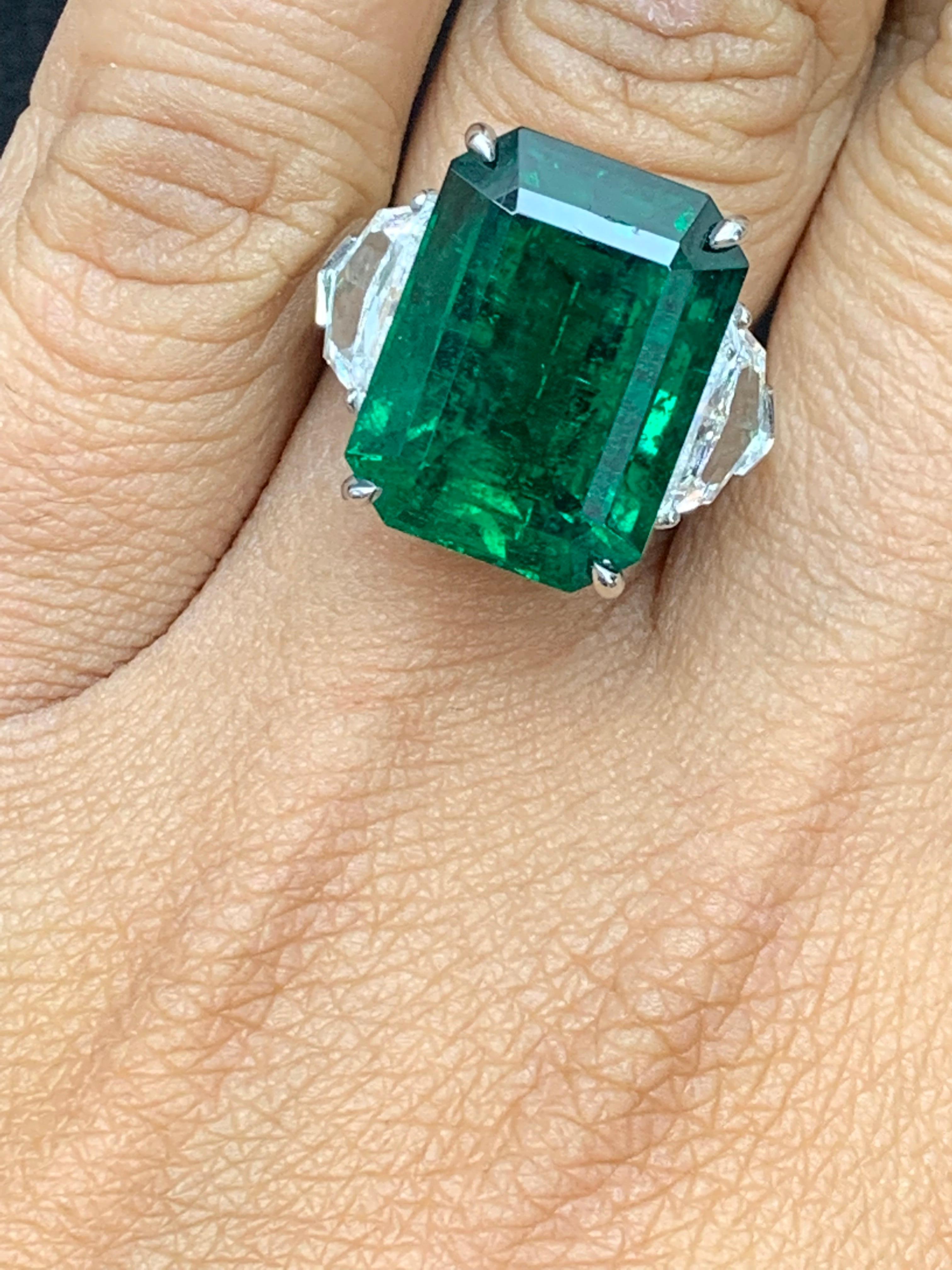 Women's Certified 14.01 Carat Emerald cut Emerald and Diamond 3 Stone Engagement Ring
