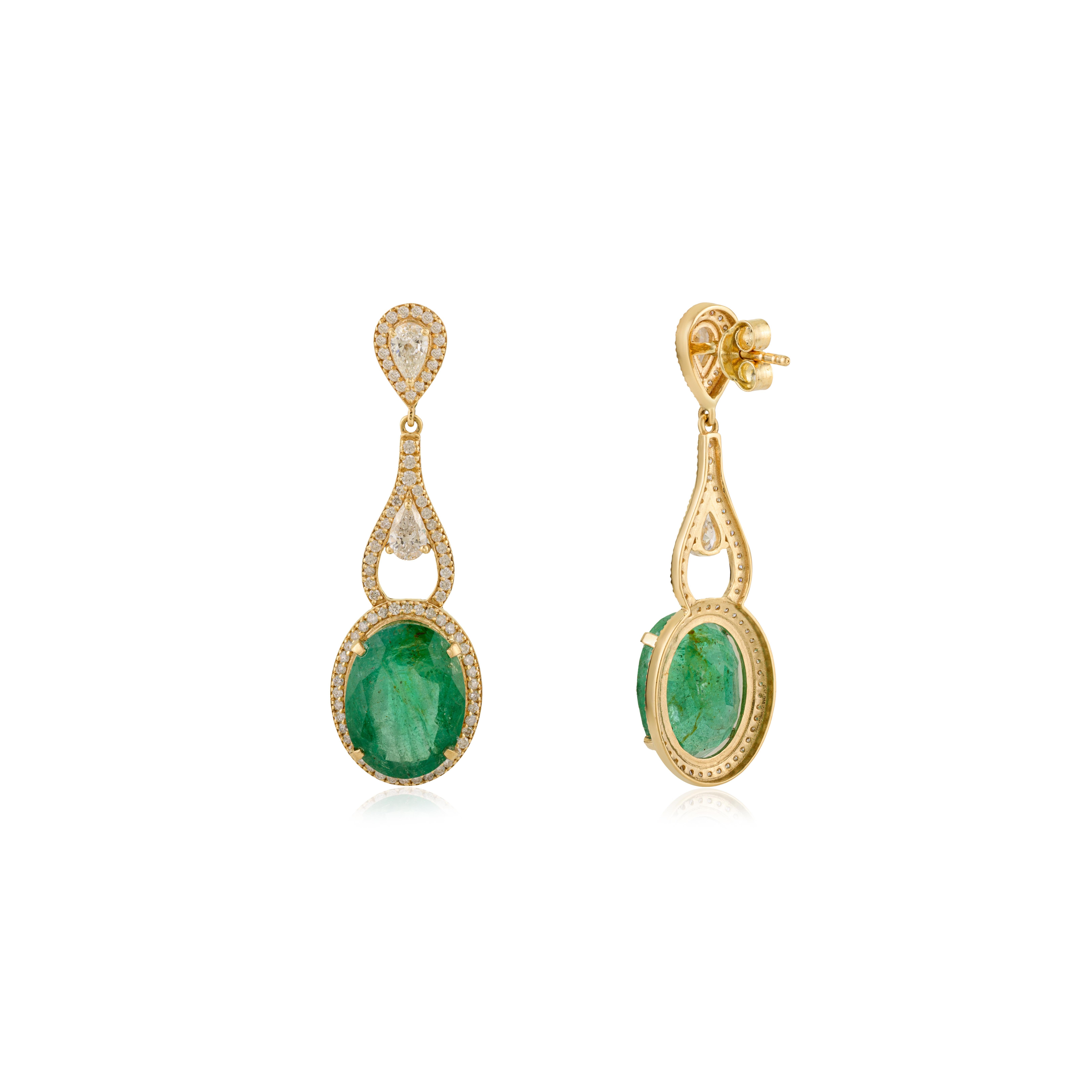 Art Nouveau Certified 14.04Ct Zambian Emerald & Diamond Long Dangle Earrings 18k Yellow Gold For Sale
