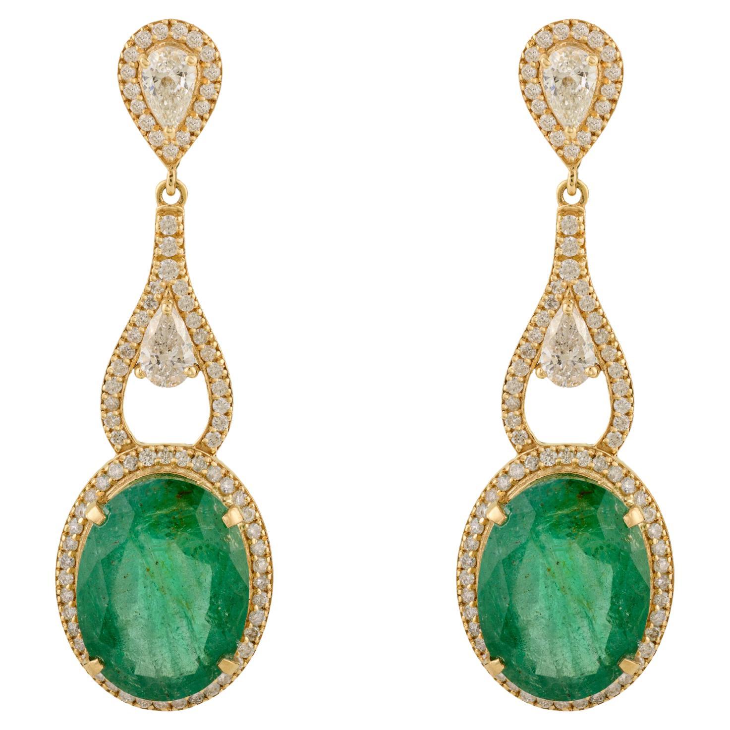 Certified 14.04Ct Zambian Emerald & Diamond Long Dangle Earrings 18k Yellow Gold For Sale
