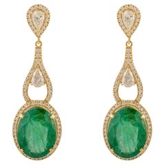 Certified 14.04Ct Zambian Emerald & Diamond Long Dangle Earrings 18k Yellow Gold