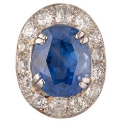Certified 14.26 Carats Ceylan Sapphire and Diamonds French Art Deco Ring