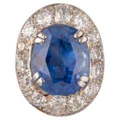 Anello Art Deco francese con zaffiro e diamanti Ceylan certificato da 14,26 carati