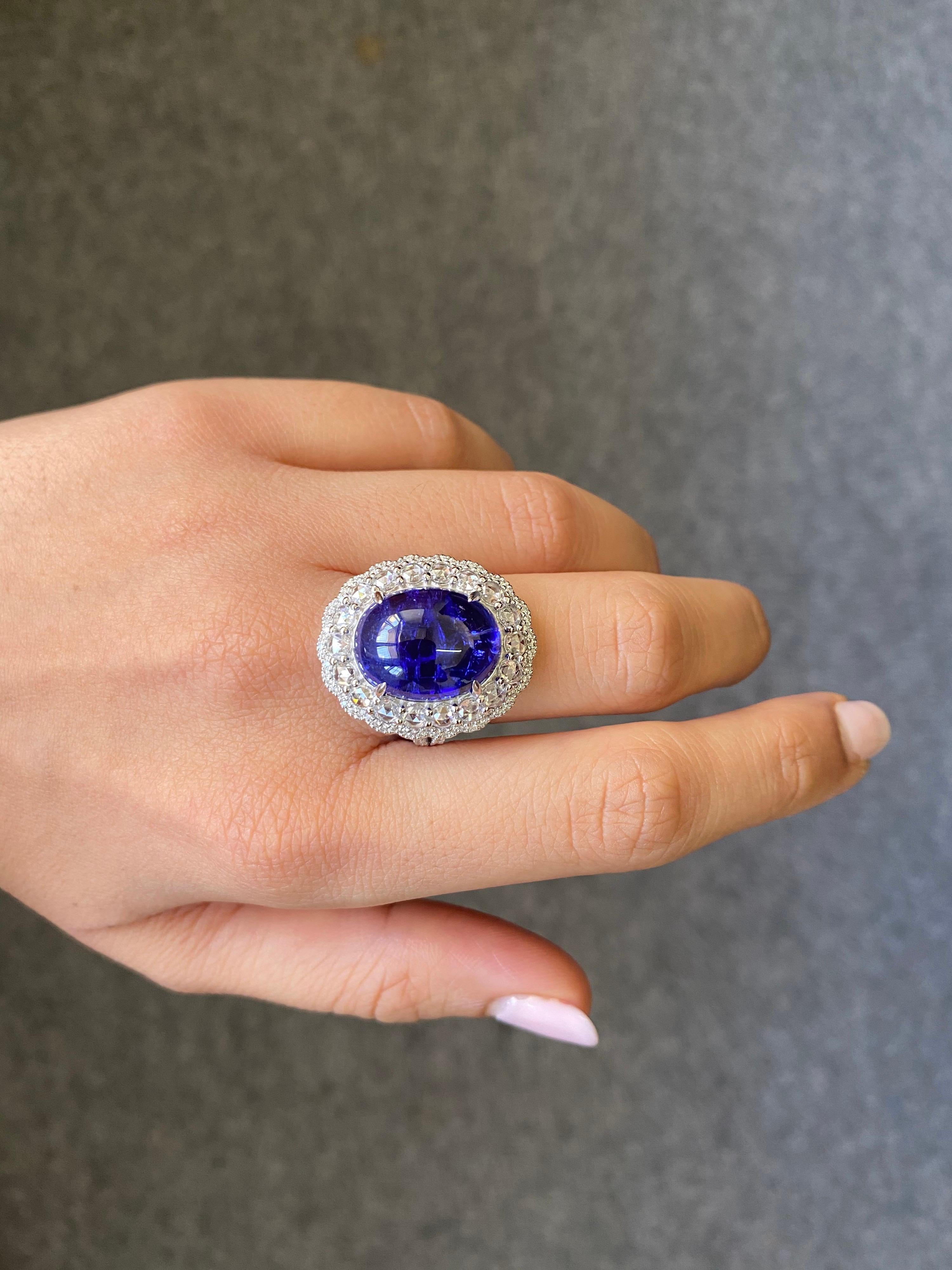 Certified 14.34 Tanzanite Cabochon and Diamond 18k White Gold Cocktail Ring For Sale 1