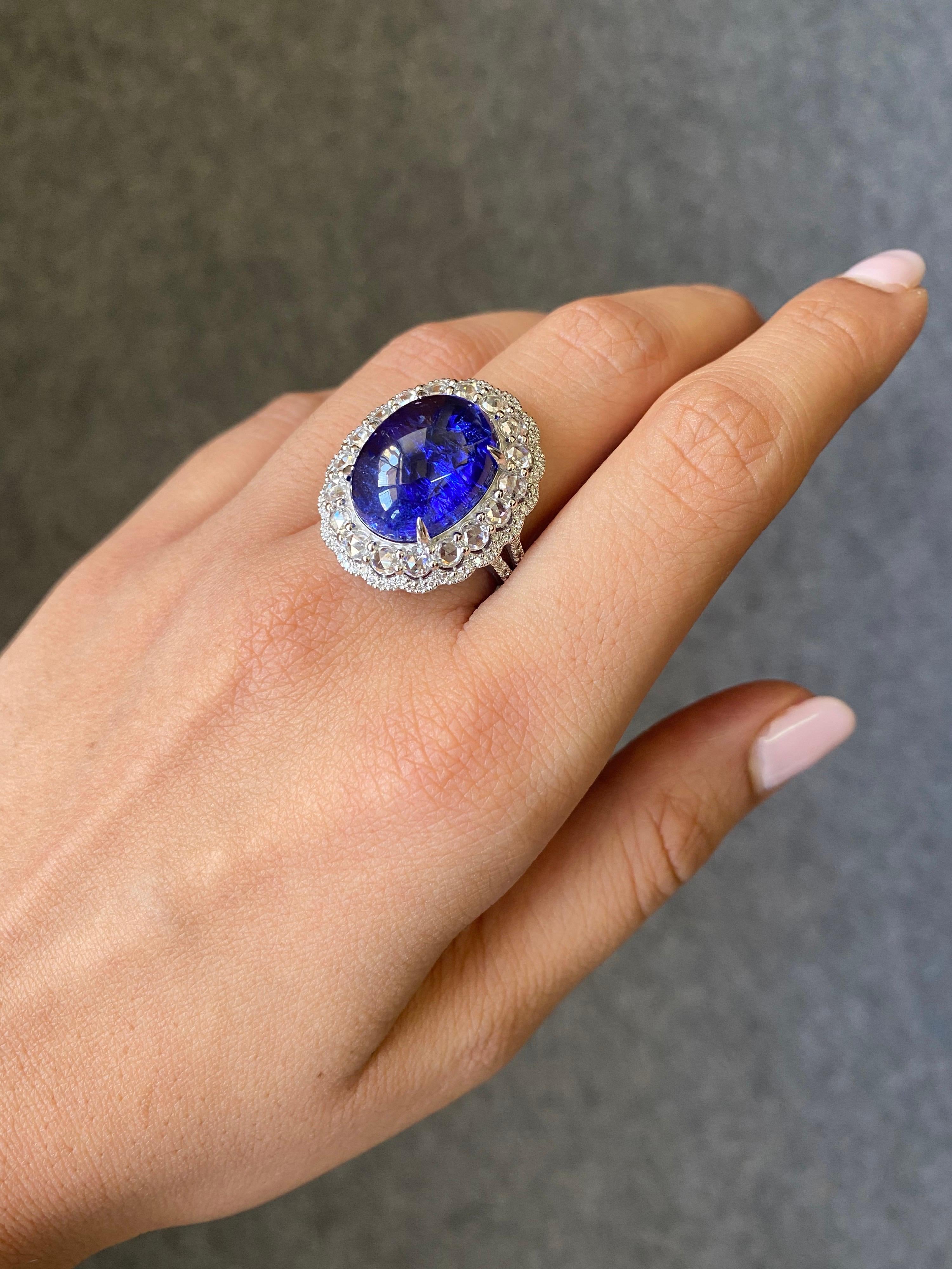 Certified 14.34 Tanzanite Cabochon and Diamond 18k White Gold Cocktail Ring For Sale 2
