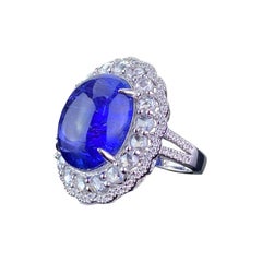 Certified 14.34 Tanzanite Cabochon and Diamond 18k White Gold Cocktail Ring