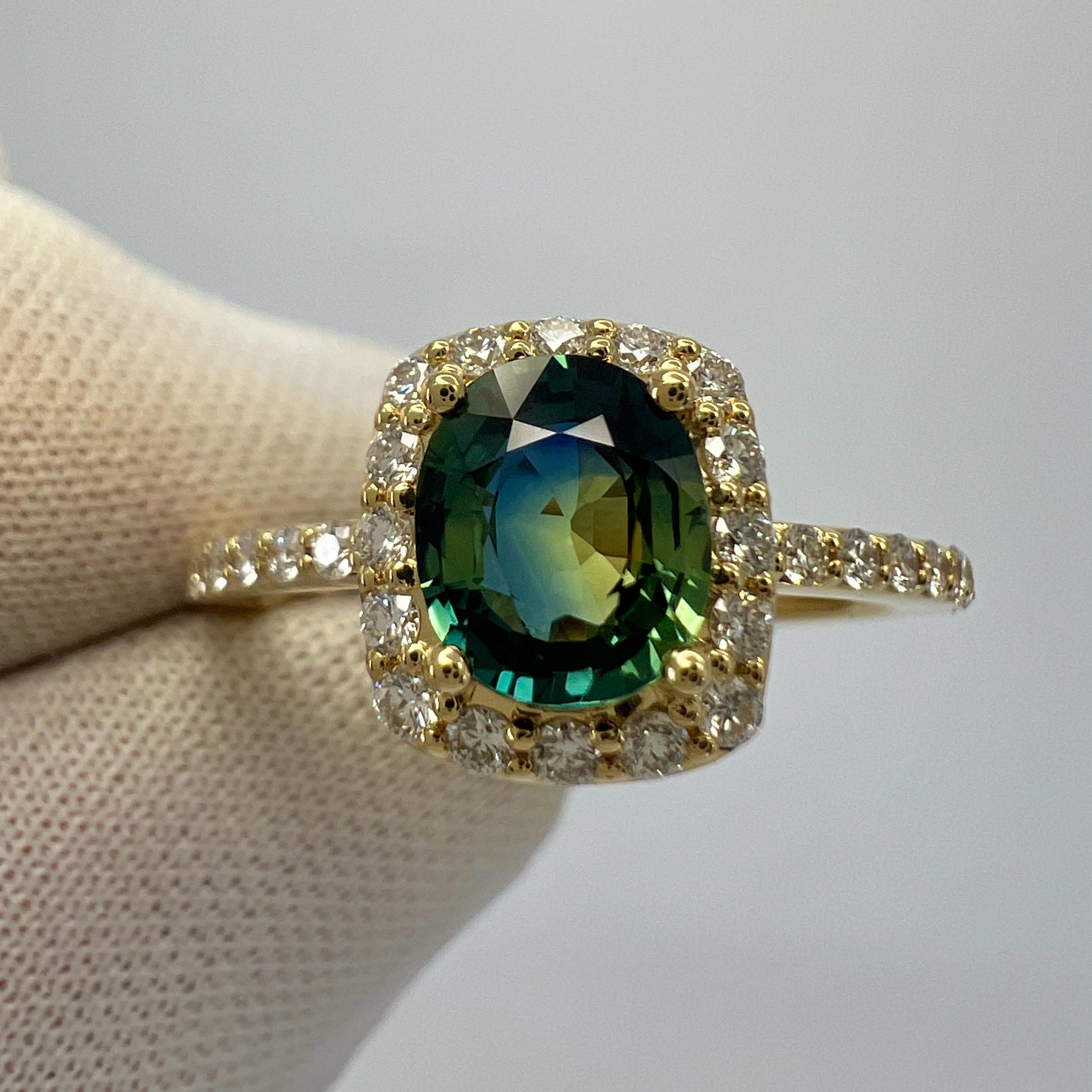 Certified 1.43ct Parti Colour Blue Yellow Sapphire & Diamond 18k Gold Halo Ring For Sale 6