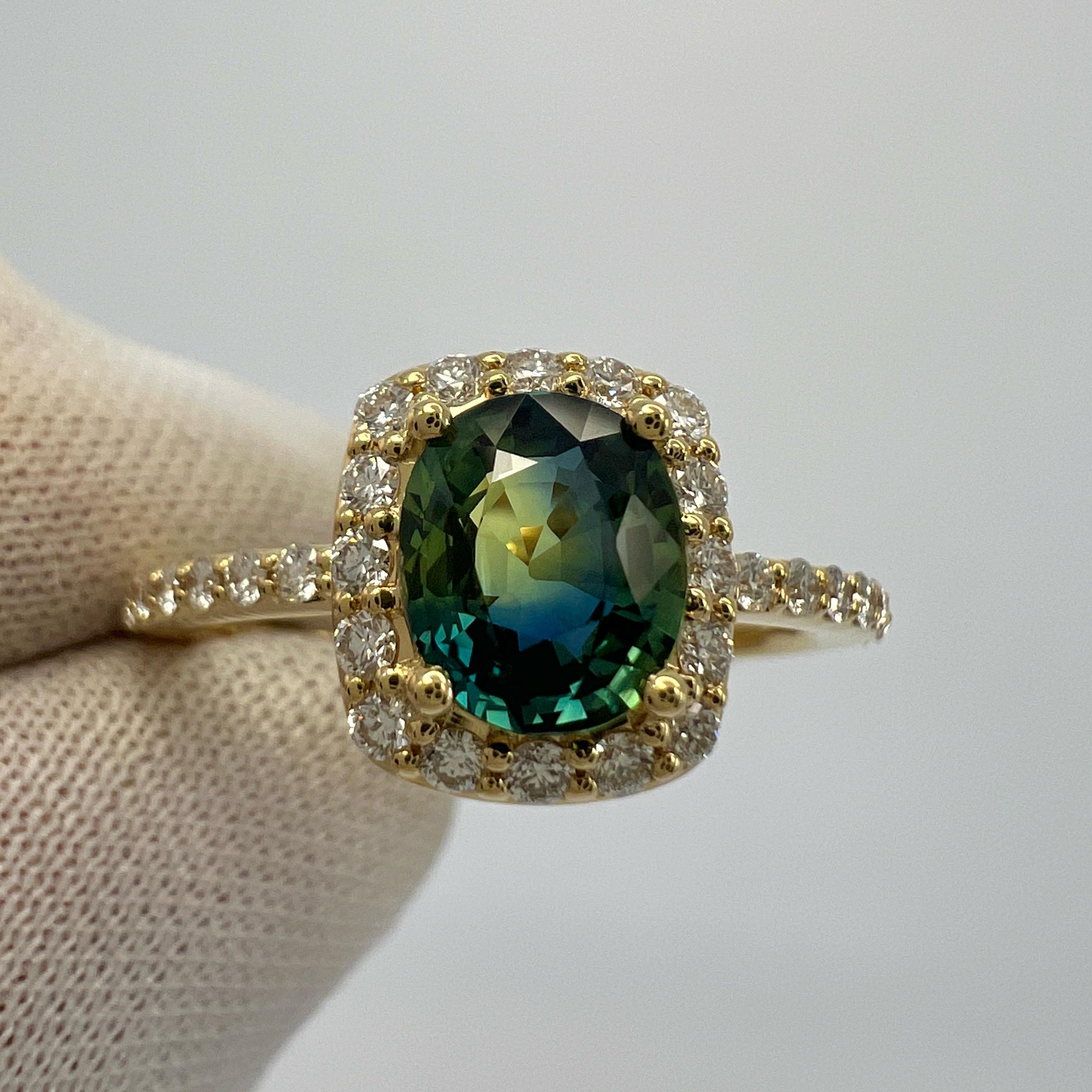 IGI Certified Parti Colour Sapphire And Diamond 18k Yellow Gold Halo Ring. 1.43 Carat total.

This ring features a fine 1.09ct parti colour sapphire with yellow, green and blue colour variation. Unique gemstone. This also has a very good oval cut