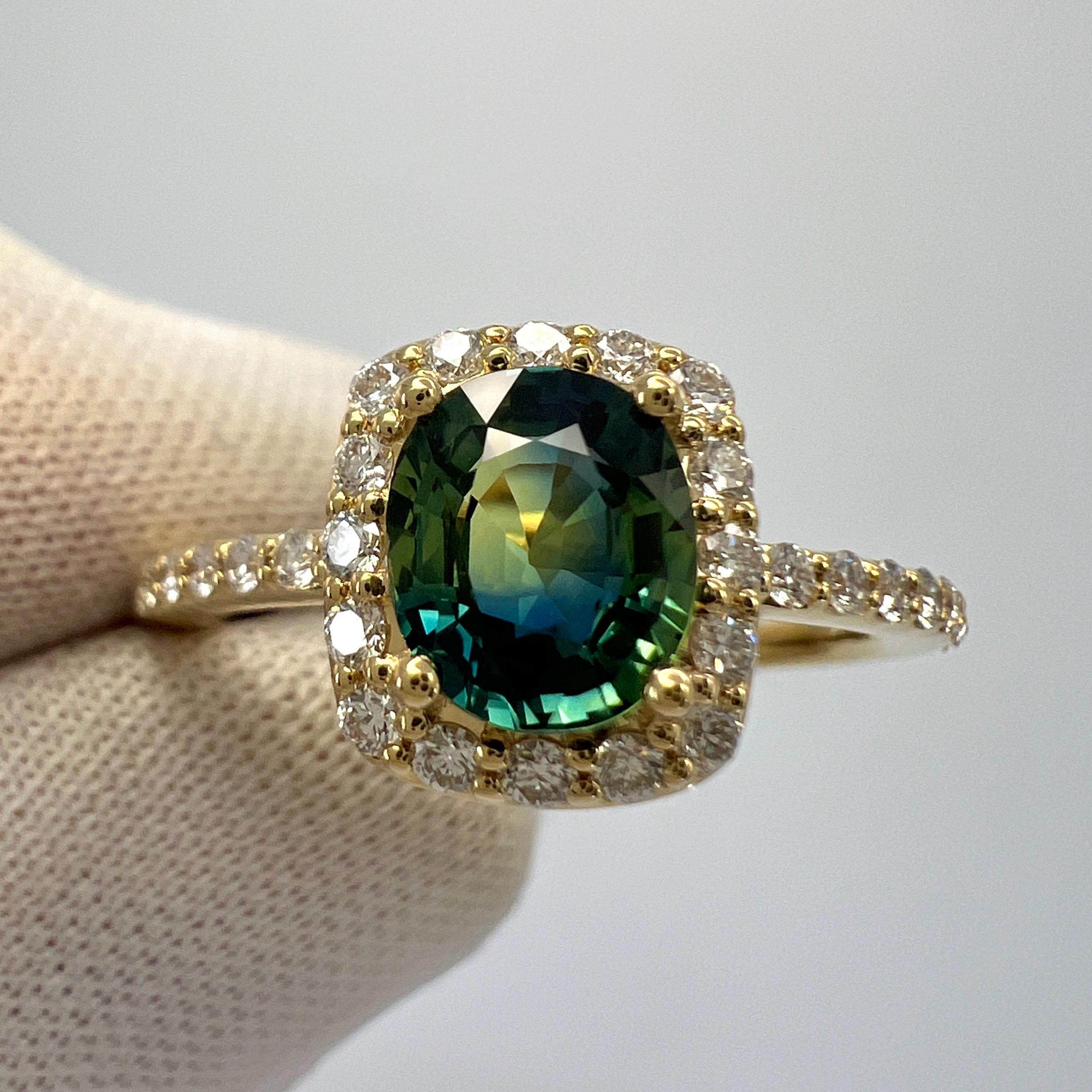 Certified 1.43ct Parti Colour Blue Yellow Sapphire & Diamond 18k Gold Halo Ring In New Condition For Sale In Birmingham, GB