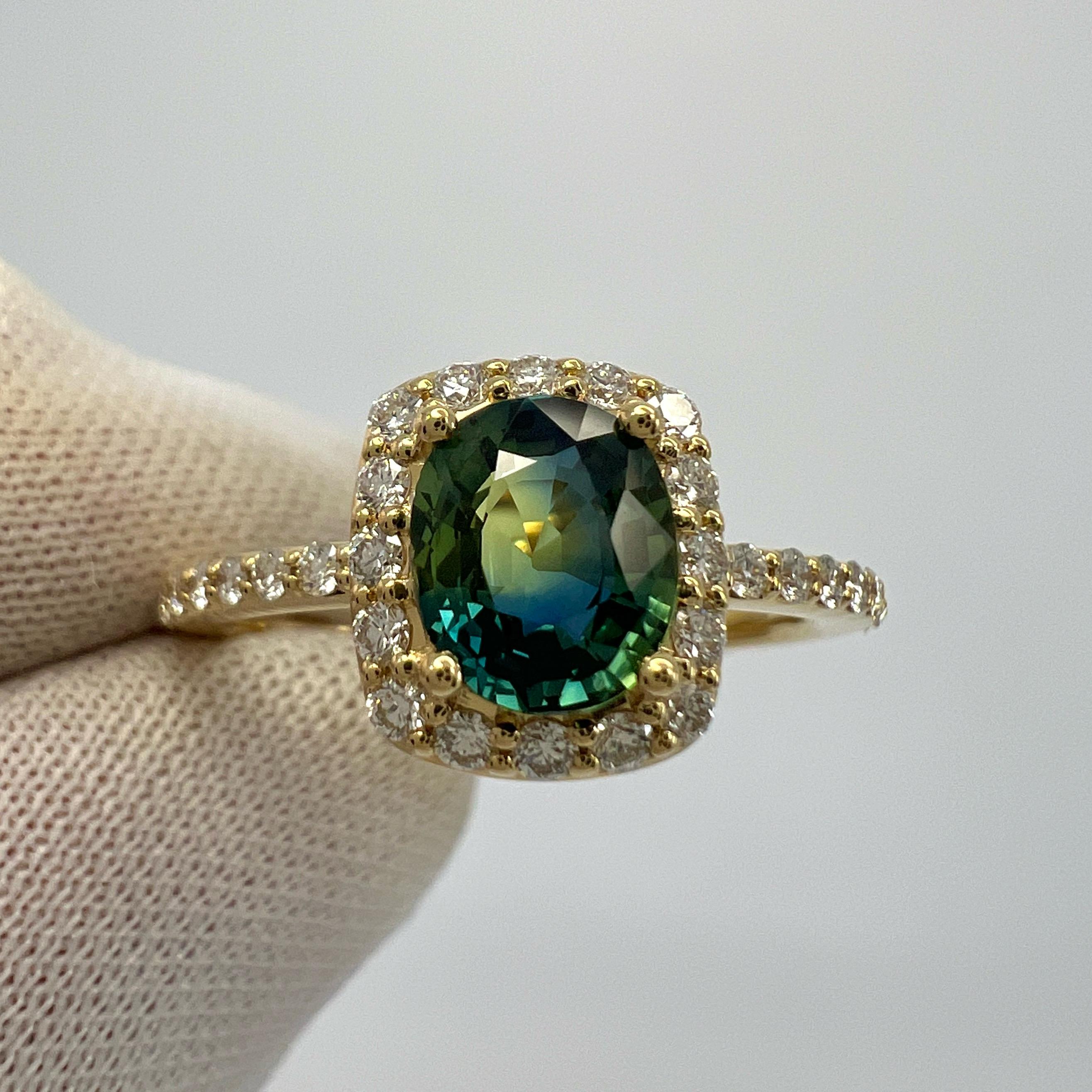 Women's or Men's Certified 1.43ct Parti Colour Blue Yellow Sapphire & Diamond 18k Gold Halo Ring For Sale