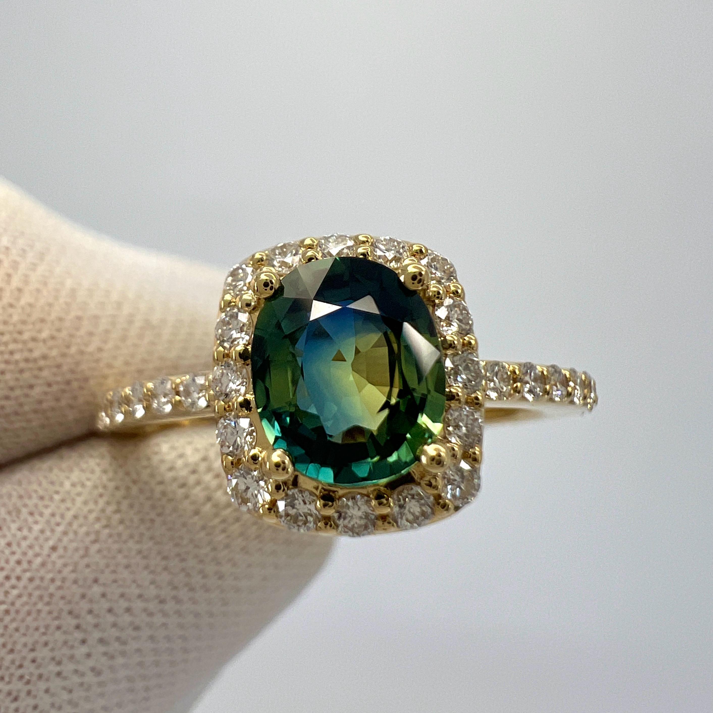 Certified 1.43ct Parti Colour Blue Yellow Sapphire & Diamond 18k Gold Halo Ring For Sale 2