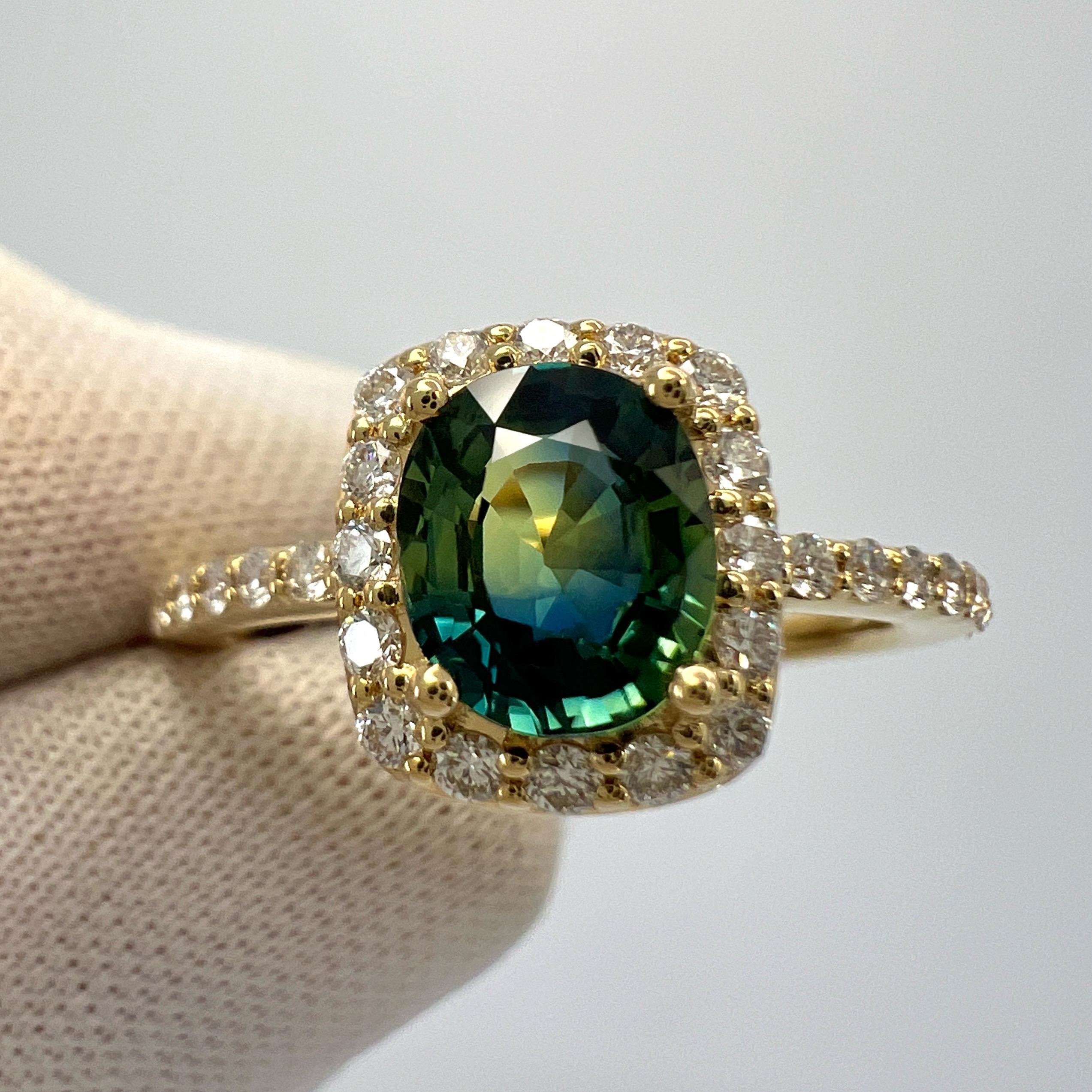 Certified 1.43ct Parti Colour Blue Yellow Sapphire & Diamond 18k Gold Halo Ring For Sale 4
