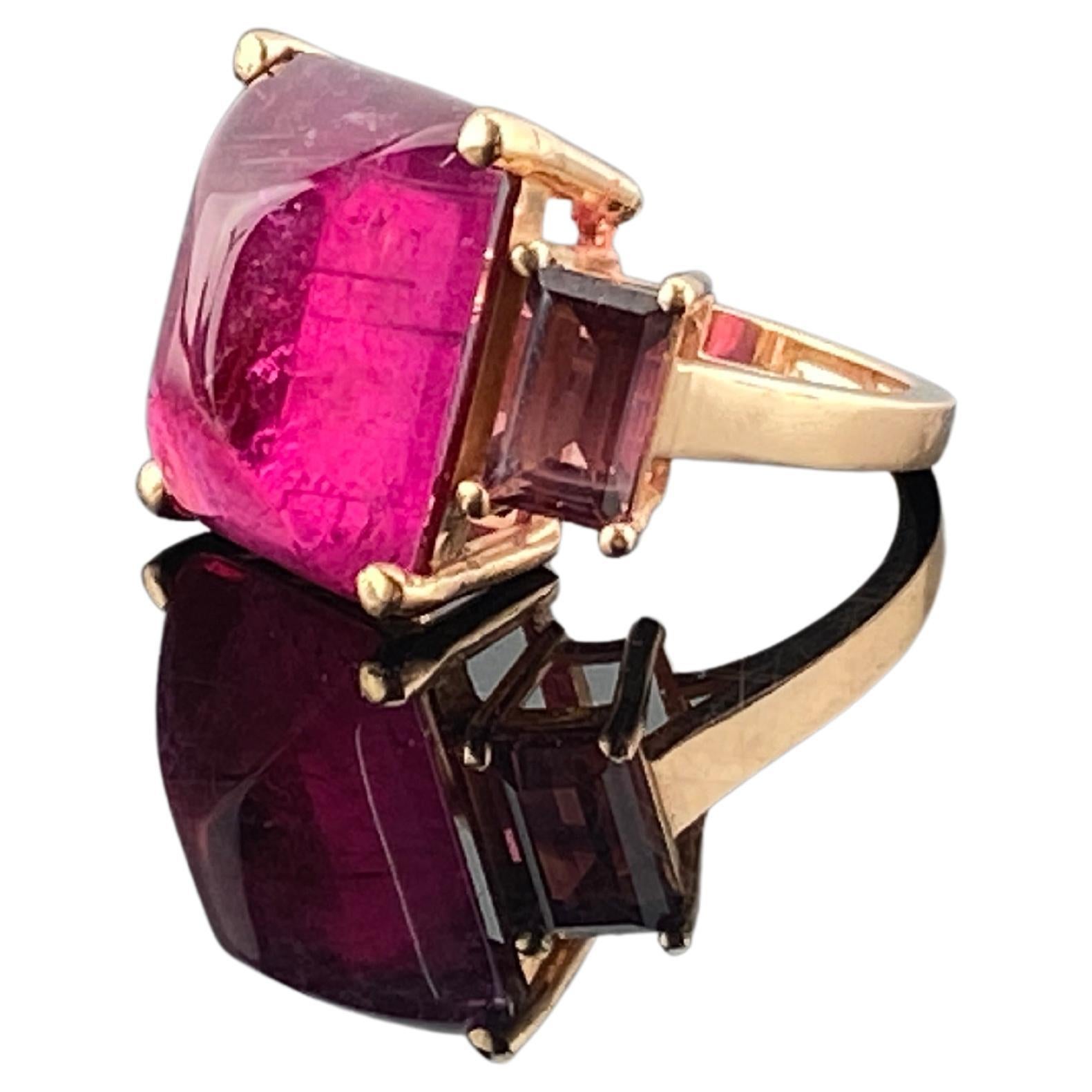 Certified 14.53 Carat Tourmaline and 18K Rose Gold Three Stone Engagement Ring For Sale