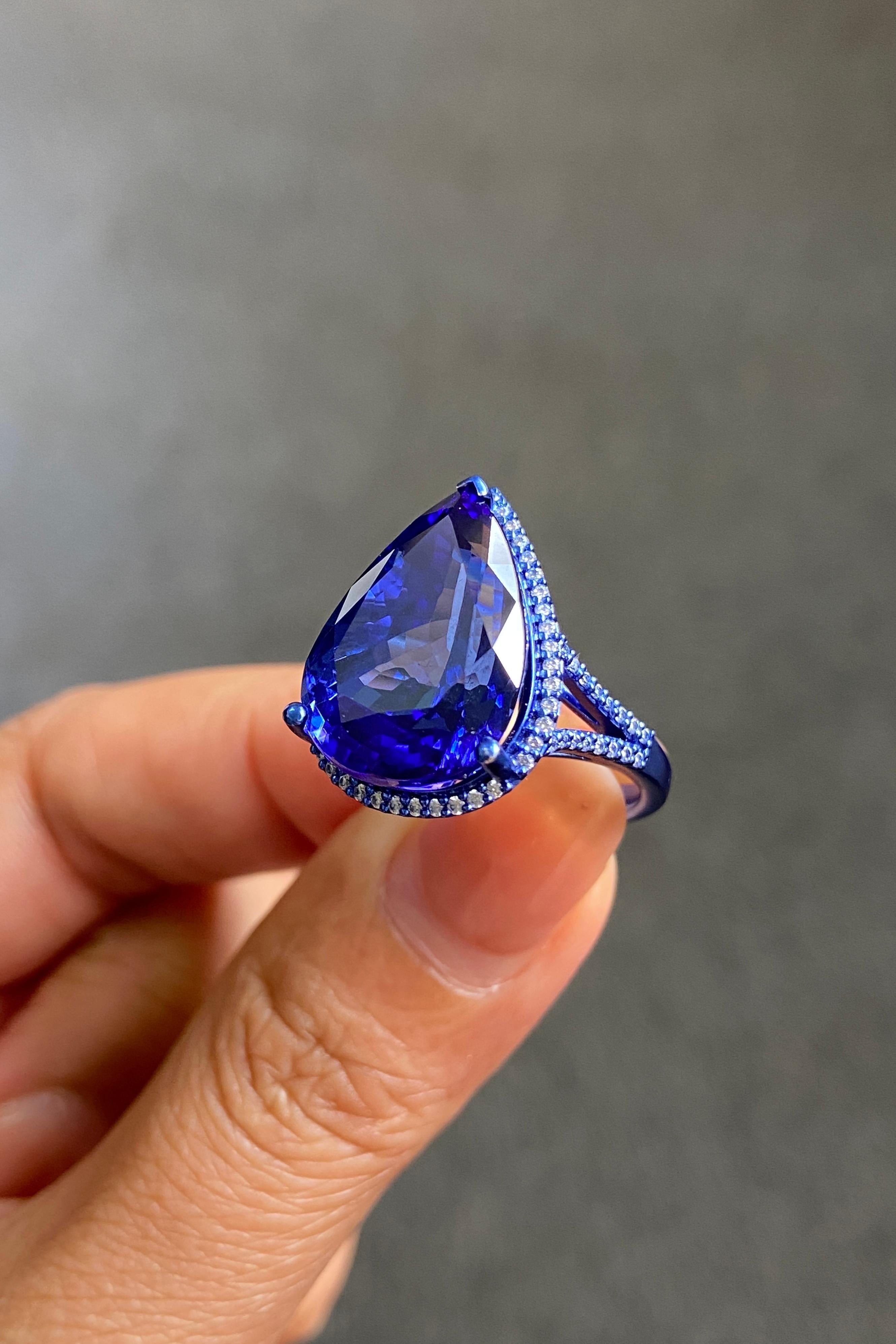 Zertifizierter 14,55 Karat Tansanit und Diamant-Cocktailring aus 18 Karat Weißgold im Angebot 11