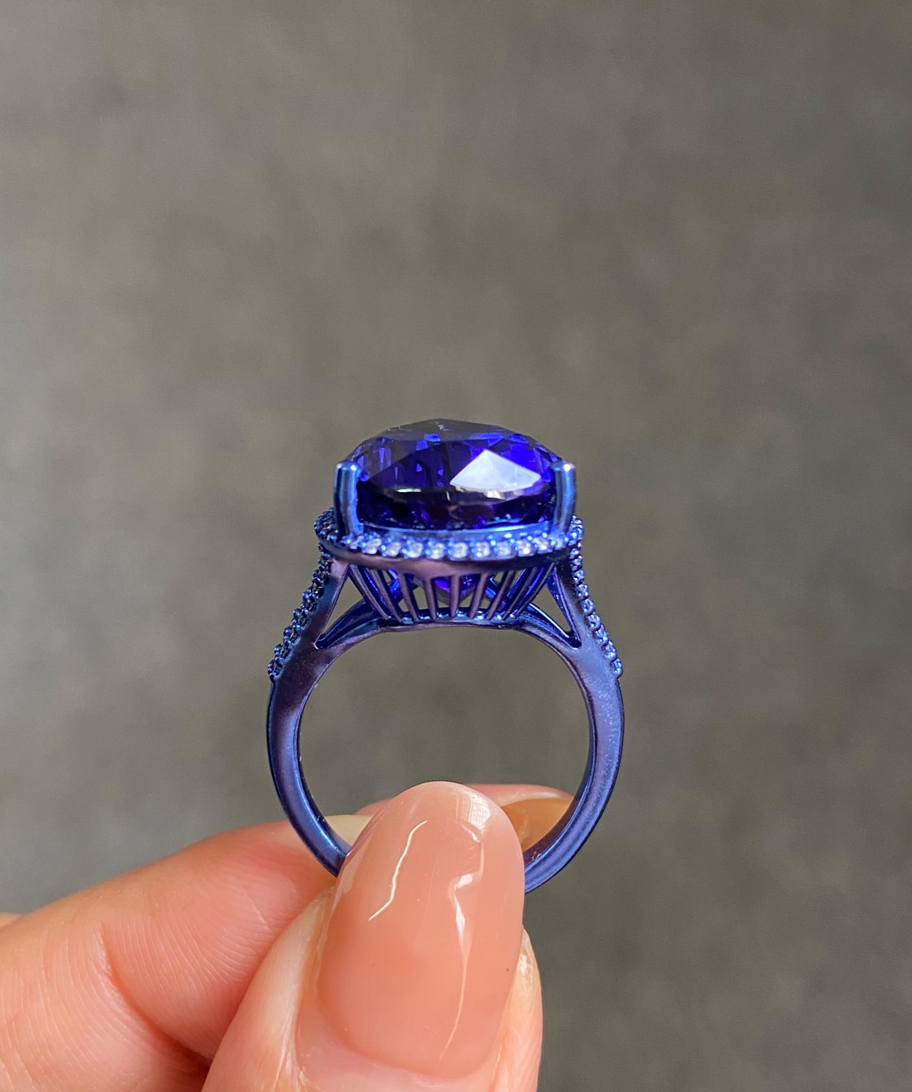 Zertifizierter 14,55 Karat Tansanit und Diamant-Cocktailring aus 18 Karat Weißgold im Angebot 13