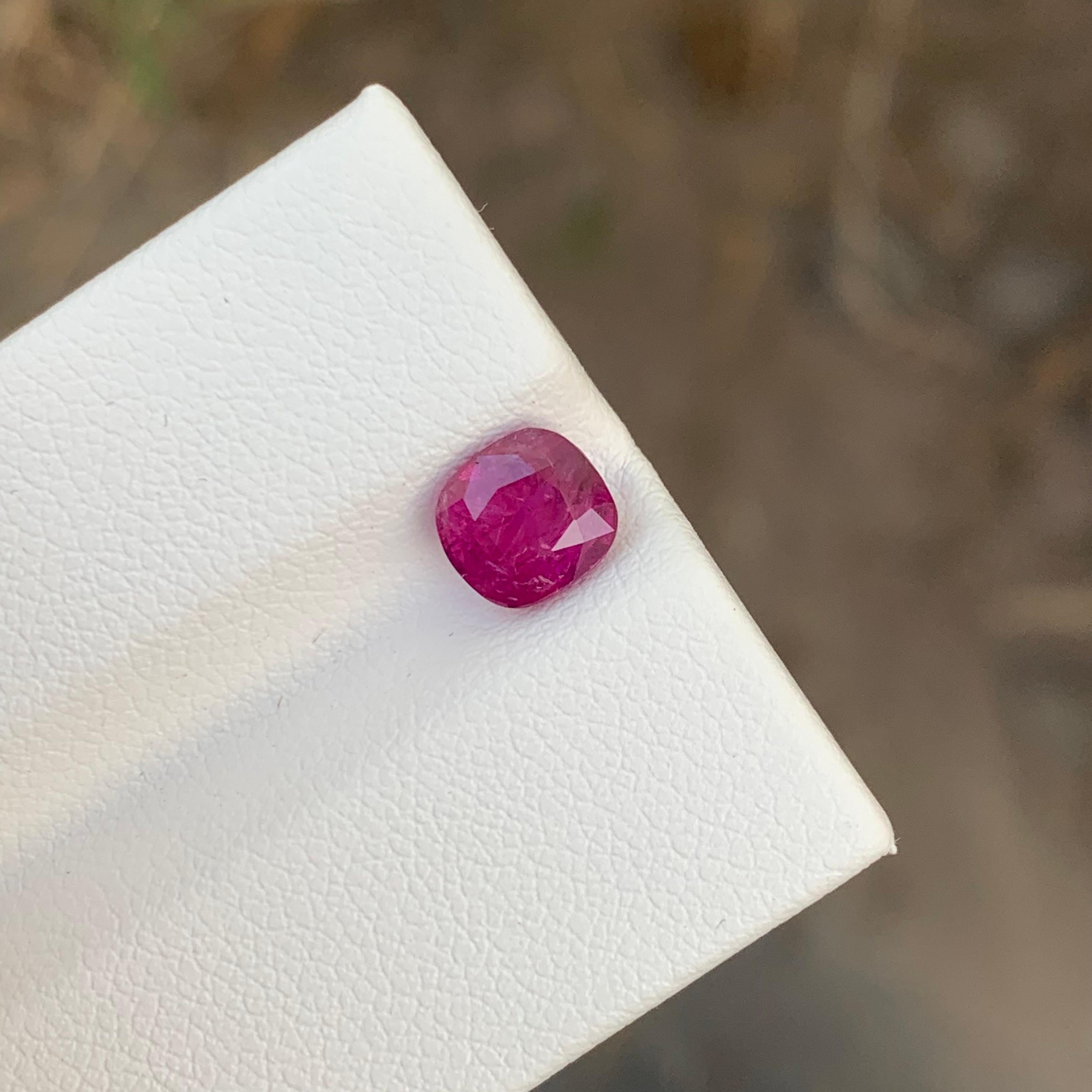Loose Ruby
Weight: 1.46 Carats 
Dimension: 6.38x6.05x3.92 Mm
Origin: Jagdalek Afghanistan 
Shape: Cushion
Color: Pink
Treatment: Non / Natural
Certificate: Available 
Jagdalek, located in eastern Afghanistan, is renowned for its exceptional rubies.