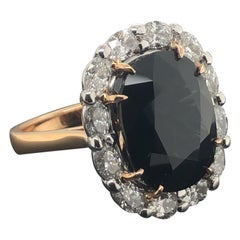 Certified 14.77 Carat, Black Sapphire and Oval Cut Diamond Cocktail Ring