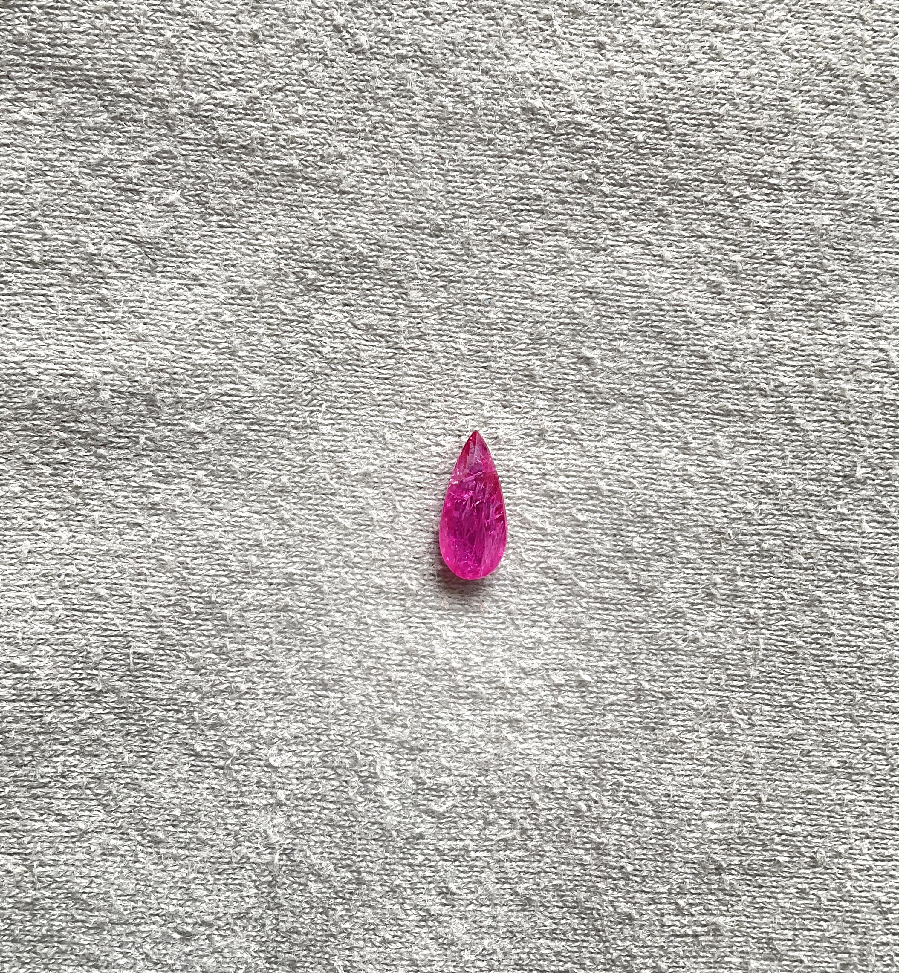 As we are auction partners at Gemfields, we have sourced these rubies from winning auctions and had cut them in our in house manufacturing responsibly.

Weight: 1.48 Carats
Size: 10.5x5x3 MM
Pieces: 1
Shape: Faceted pear cut stone