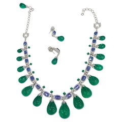 Certified 14k Emerald Tanzanite Diamond Necklace 325 carats 14k gold Set