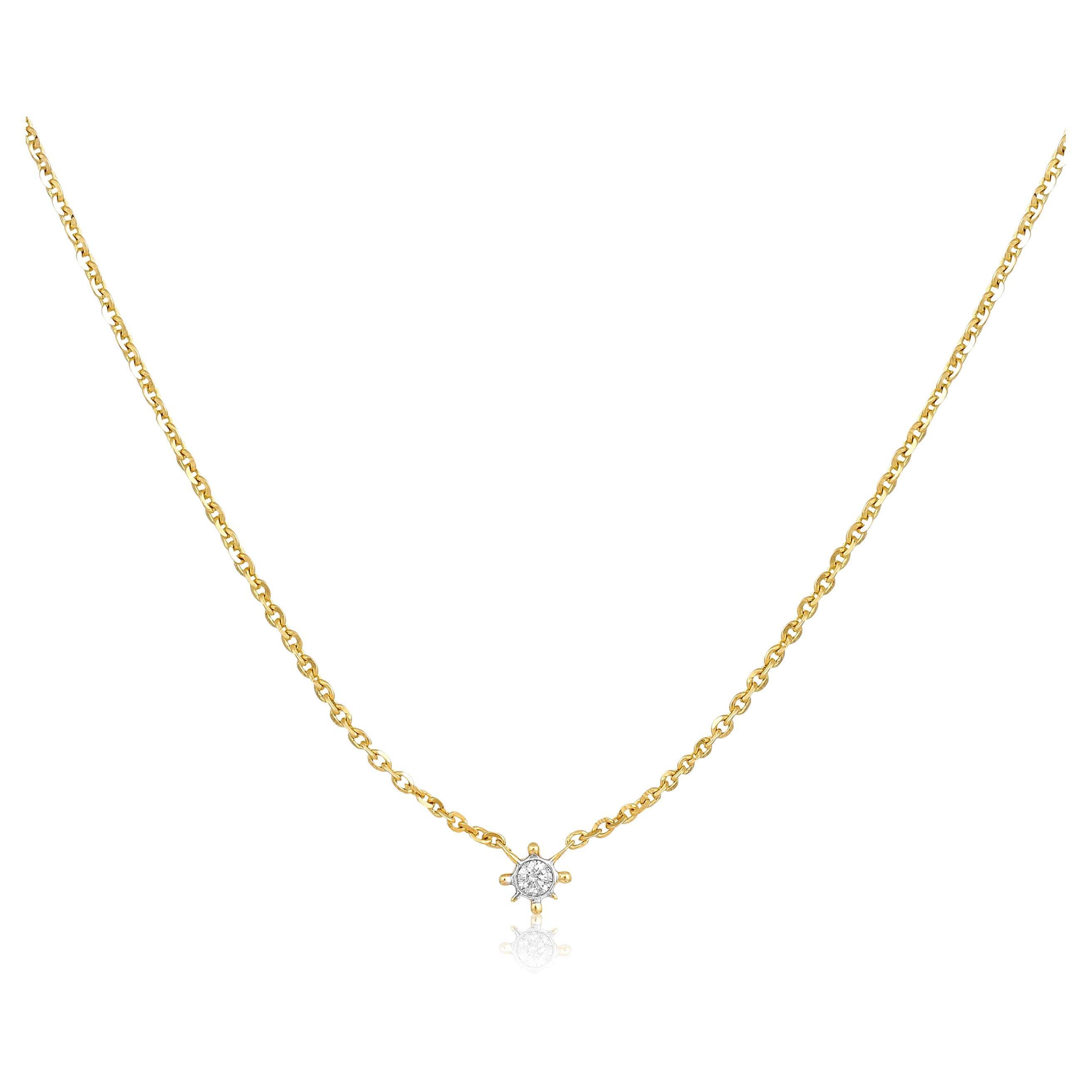 Certified 14k Gold 0.04ct Natural Diamond Delicate Small Single Star Necklace For Sale