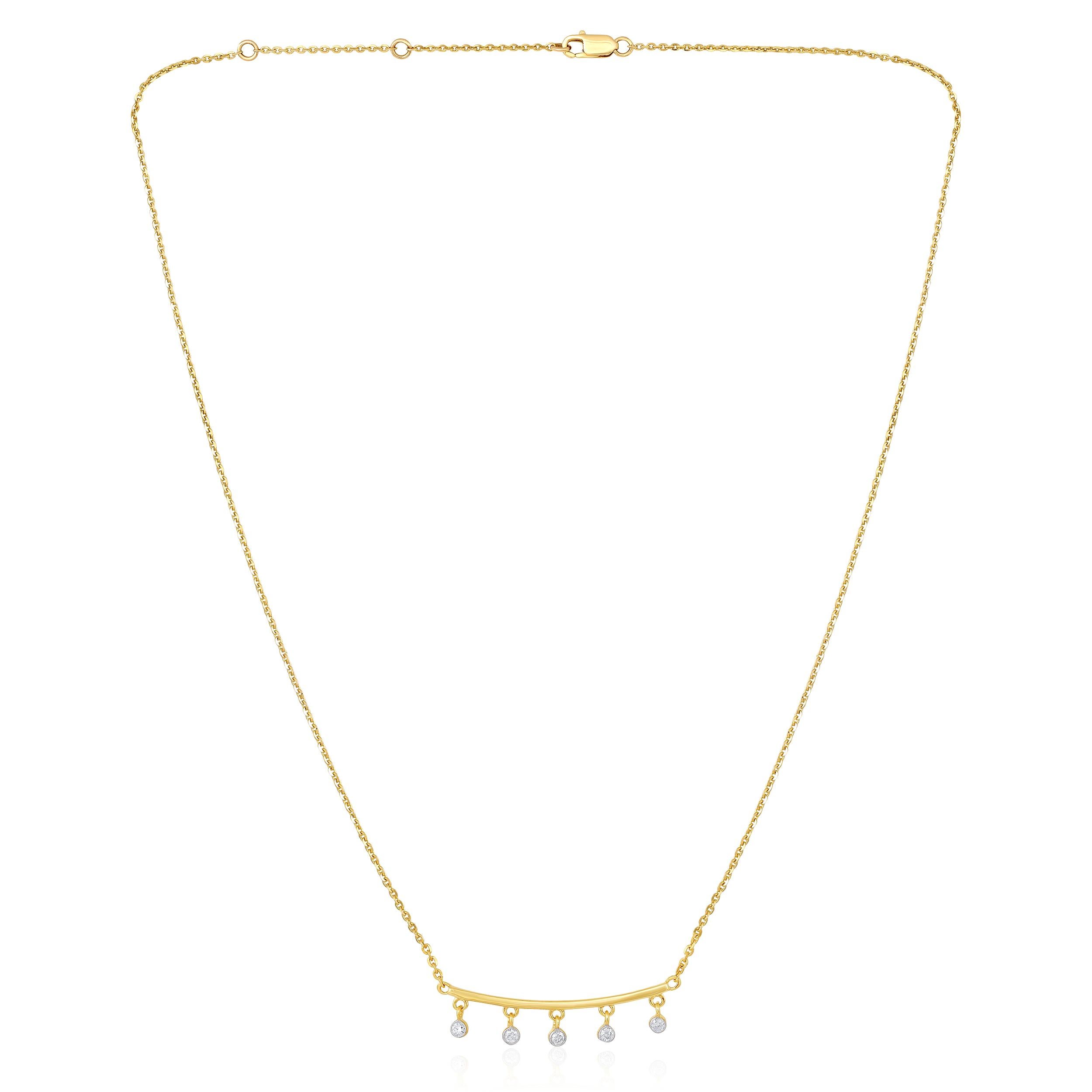 Die Halskette besteht aus 3,64 Gramm 14-karätigem Gelbgold und enthält 5 runde Diamanten mit einem Gesamtgewicht von 0,125 Karat in der Farbe F-G und dem Gewicht I1-I2. Die Länge der Halskette beträgt 18 Zoll.

Dieses Schmuckstück wird auf