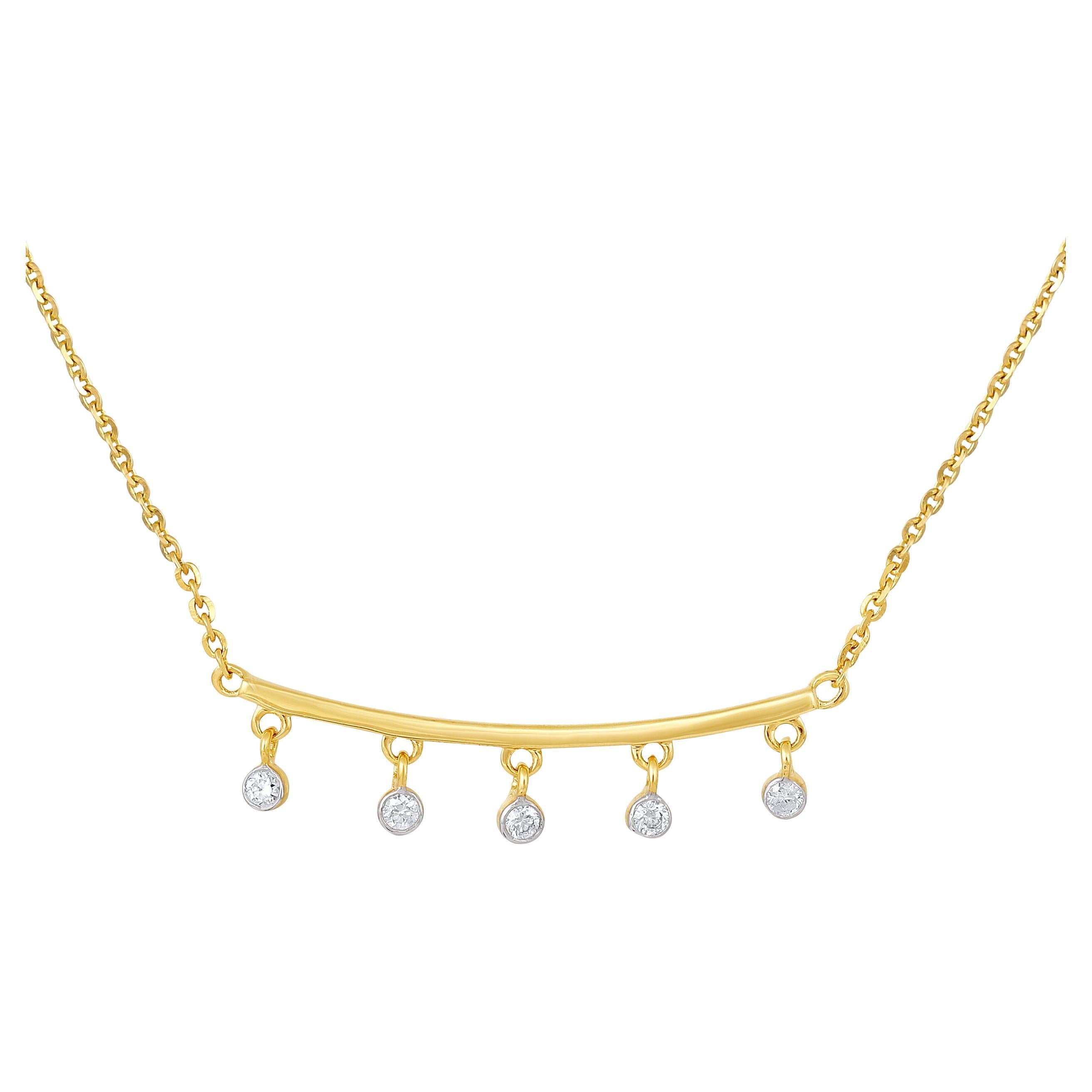 Halskette, zertifiziert 14k Gold 0,13 Karat natürlicher Diamant Zart geschwungener Bar-Anhänger im Angebot