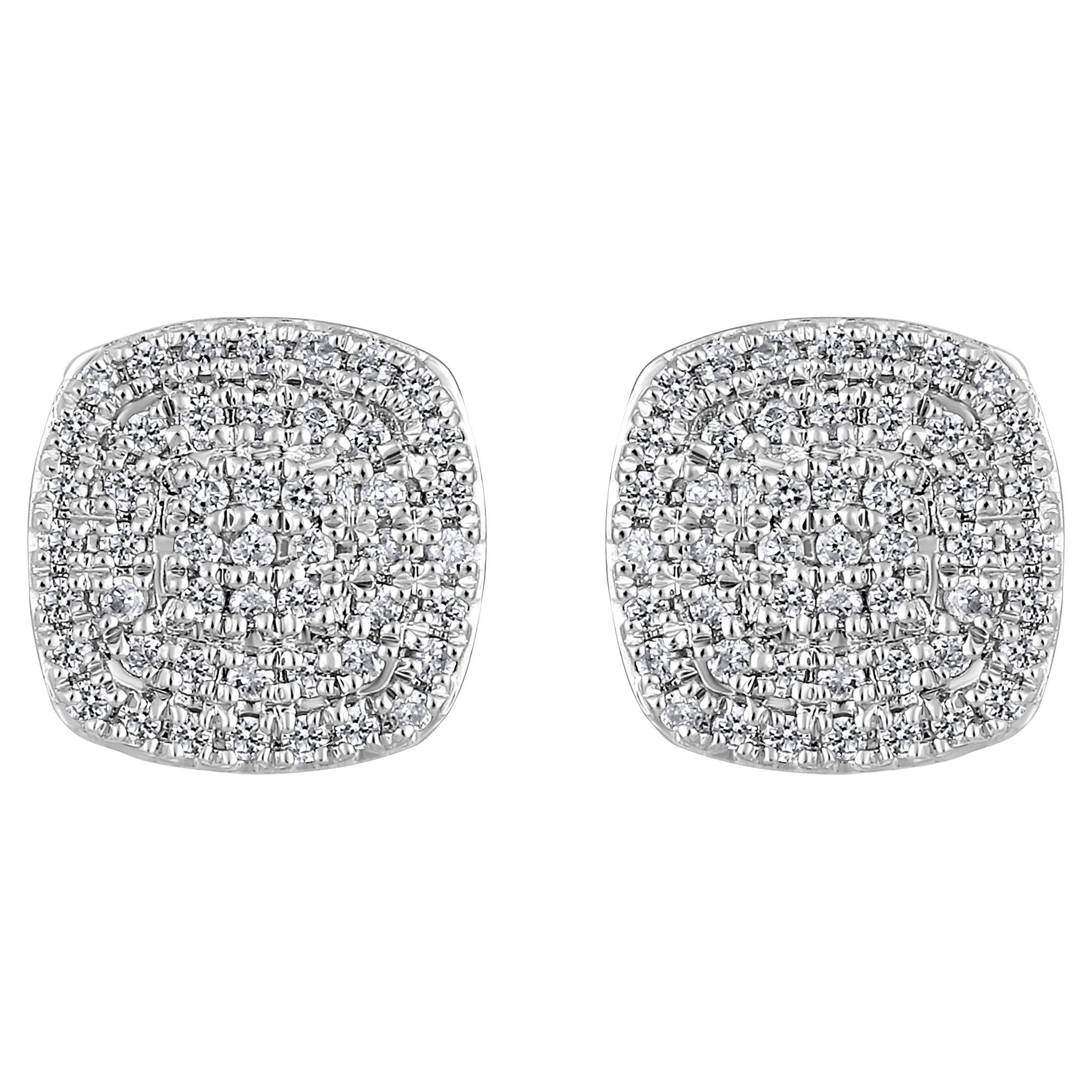 Certified 14K Gold 0.14ct Natural Diamond Cushion Cluster Square Stud Earrings