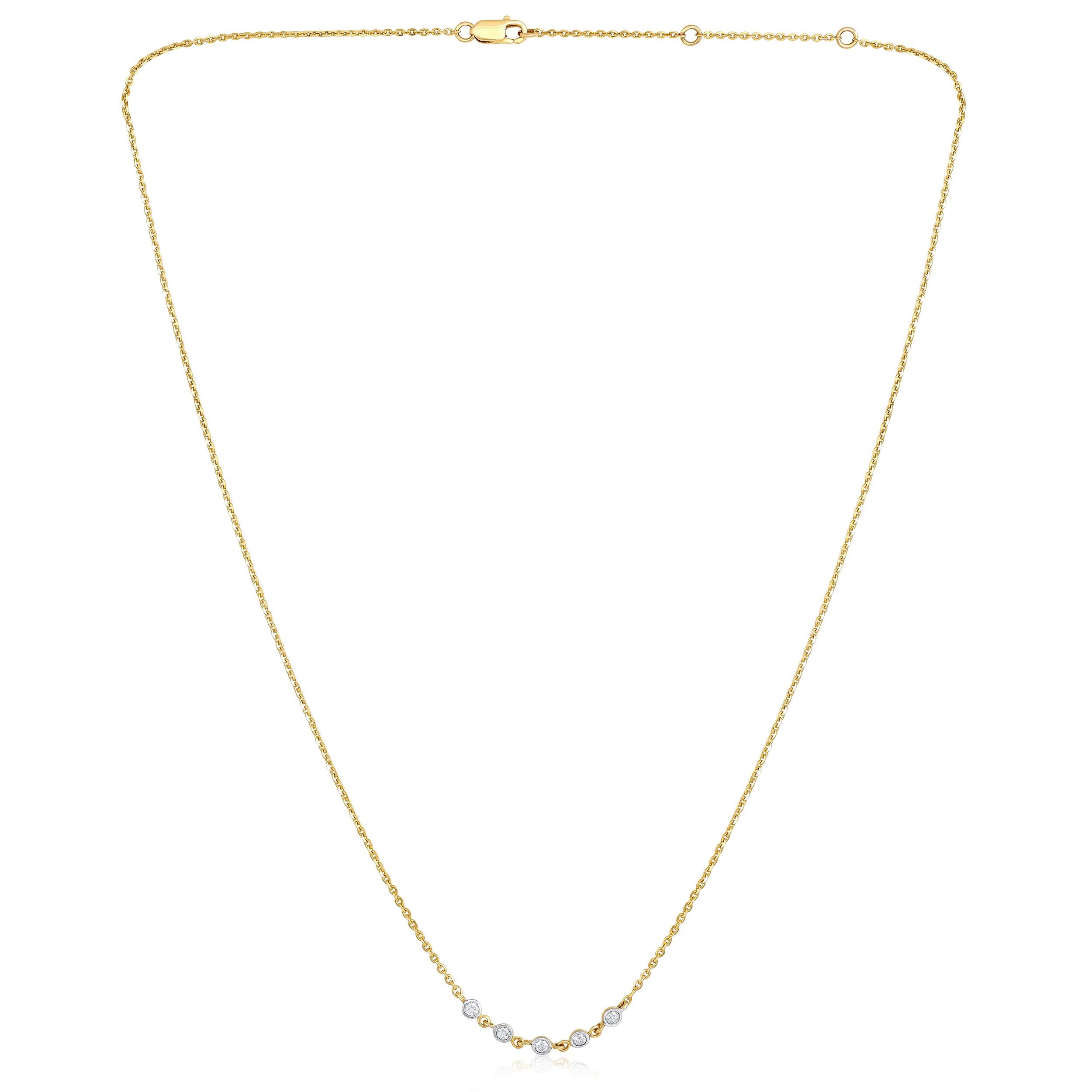 Crafted in 2.81 grams of 14K Yellow Gold, the necklace contains 5 stones of Round Diamonds with a total of 0.142 carat in F-G color and I1-I2 carat. The necklace length is 18 inches.

CONTEMPORARY AND TIMELESS ESSENCE: Crafted in 14-karat/18-karat