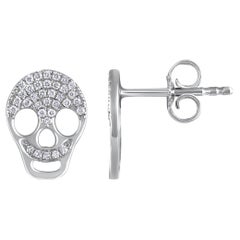 Used Certified 14k Gold 0.14ct Natural Diamond Skull Small Charm Stud White Earrings