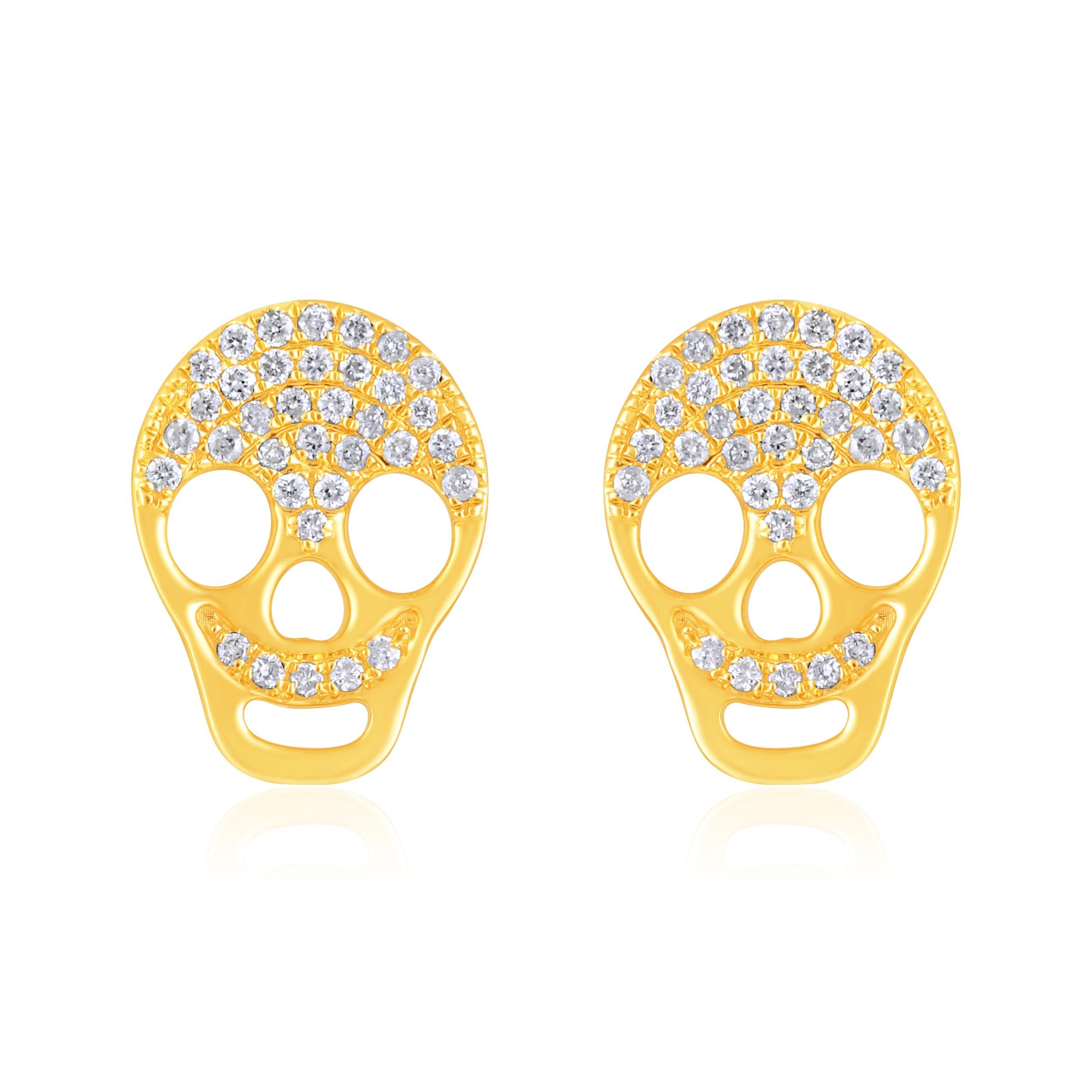 Contemporary Certified 14k Gold 0.14ct Natural Diamond Skull Small Charm Stud Yellow Earrings For Sale