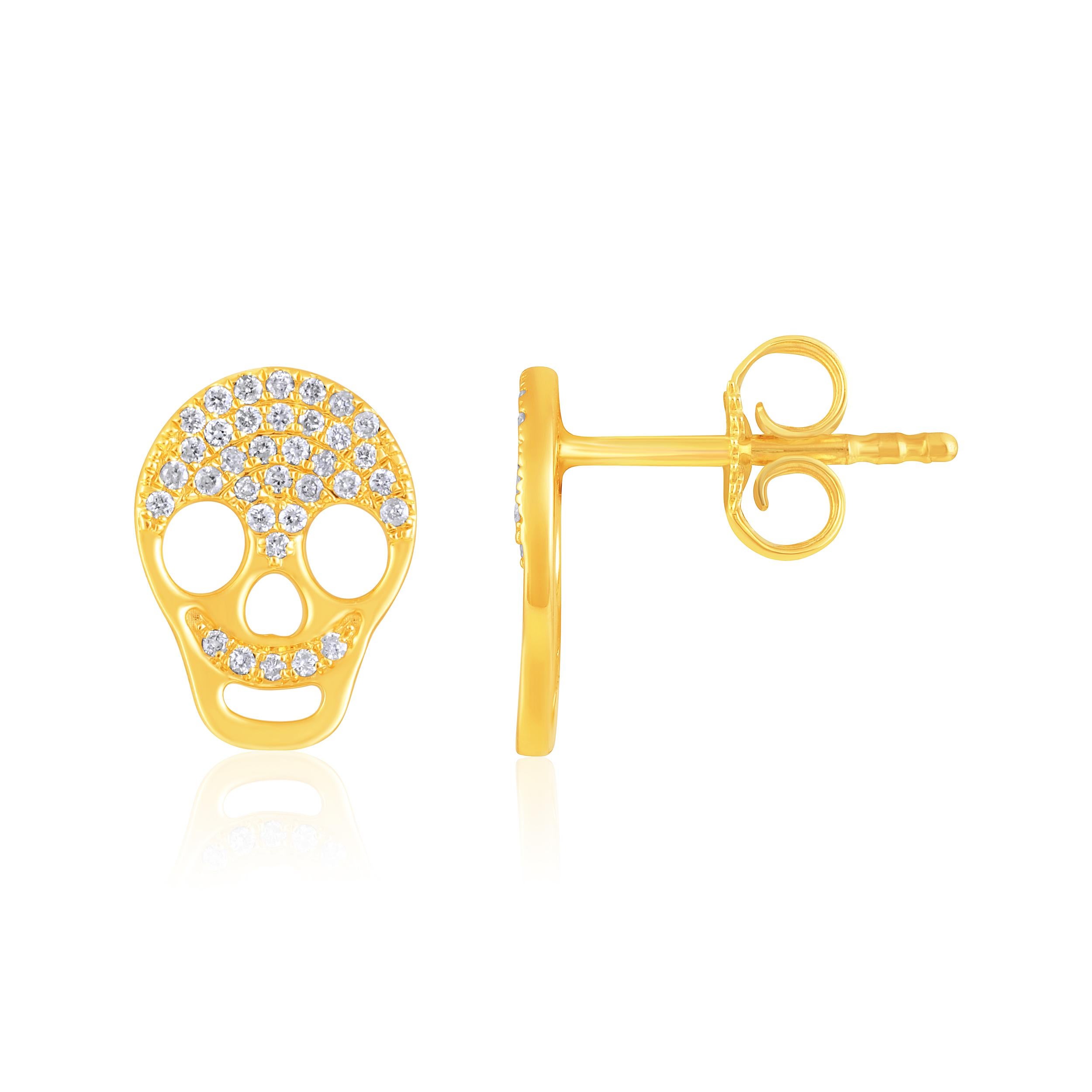 Certified 14k Gold 0.14ct Natural Diamond Skull Small Charm Stud Yellow Earrings For Sale