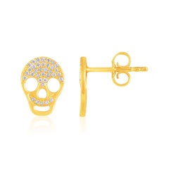 Used Certified 14k Gold 0.14ct Natural Diamond Skull Small Charm Stud Yellow Earrings