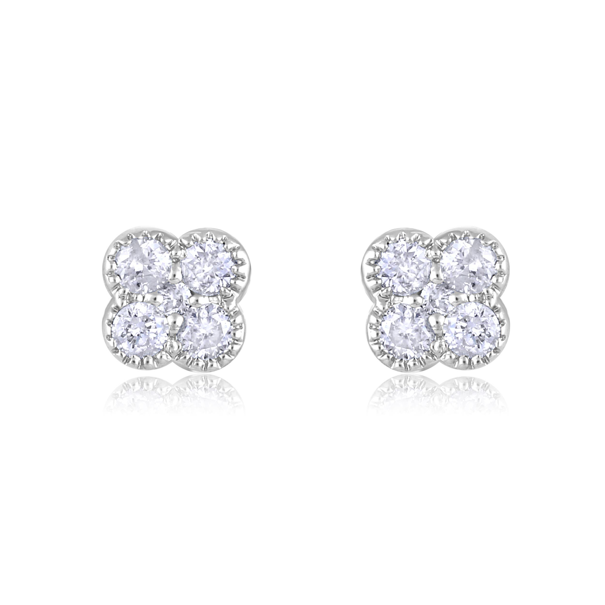 Contemporary Certified 14k Gold 0.14 Carat Natural Diamond Small Clover Stud White Earrings For Sale