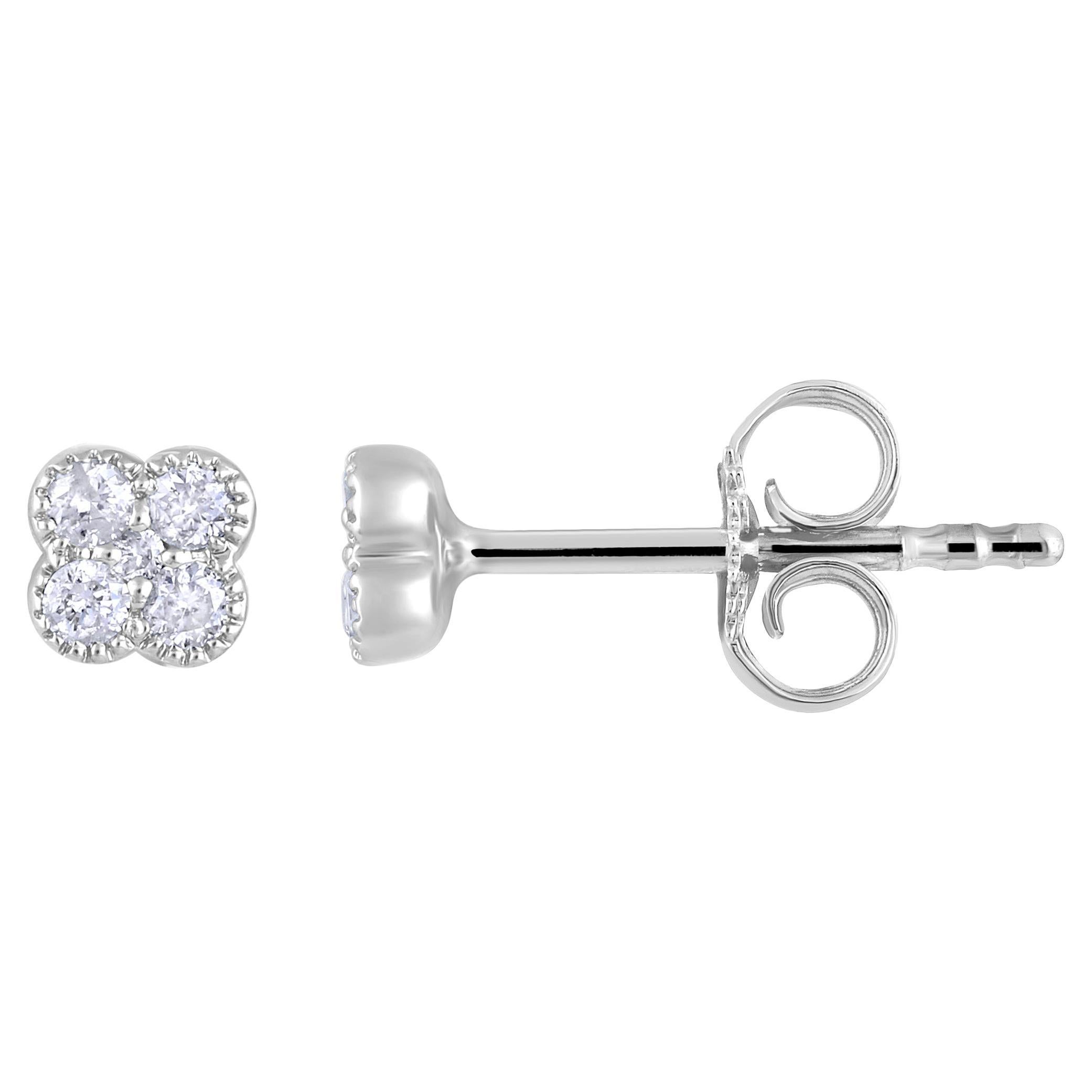 Certified 14k Gold 0.14 Carat Natural Diamond Small Clover Stud White Earrings For Sale