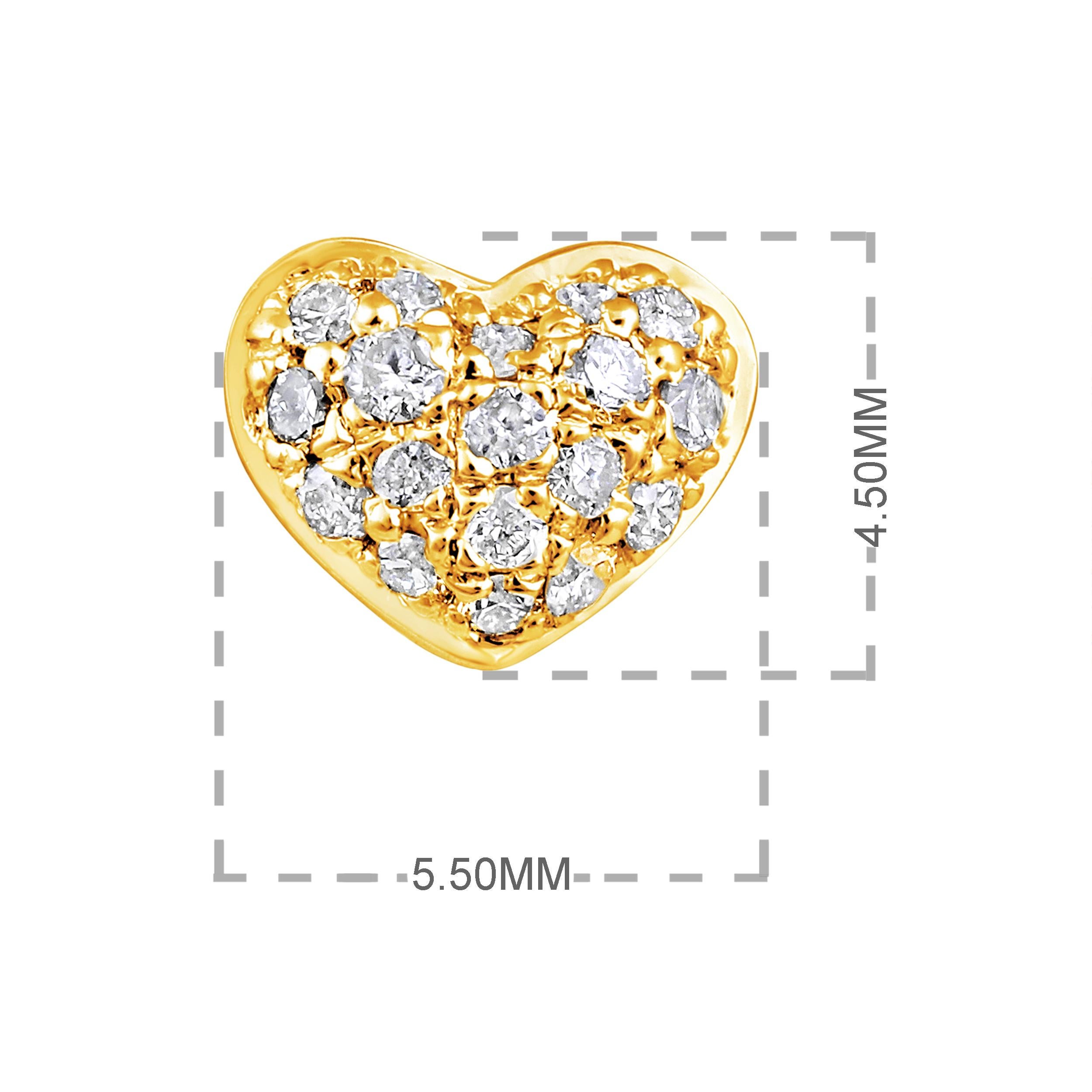 Certified 14k Gold 0.14 Carat Natural Diamond Small Heart Stud Yellow Earrings In New Condition For Sale In Los Angeles, CA